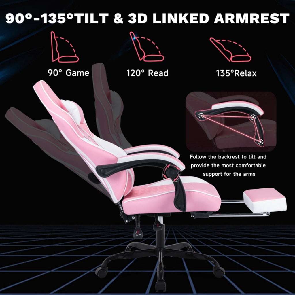 Computer Gaming Chairs with Massage Lumbar Support and footrest,Racing Style Computer Chair Adjustable Headrest for Adults,Pink White