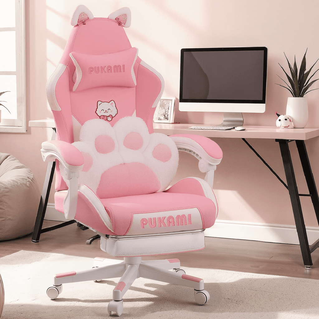 BOSSIN Pink Gaming Chair,Ergonomic Computer Chair for adult with Cat Paw Lumbar Cushion and Cat Ears