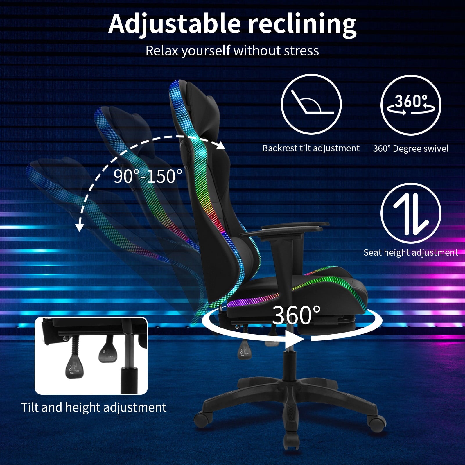 GZCW Gaming Chair with Retractable Footrest,350lbs Load Capacity Office Executive Chair with Two Bluetooth-compatible Speakers,Multiple RGB LED Light Modes Game Chair