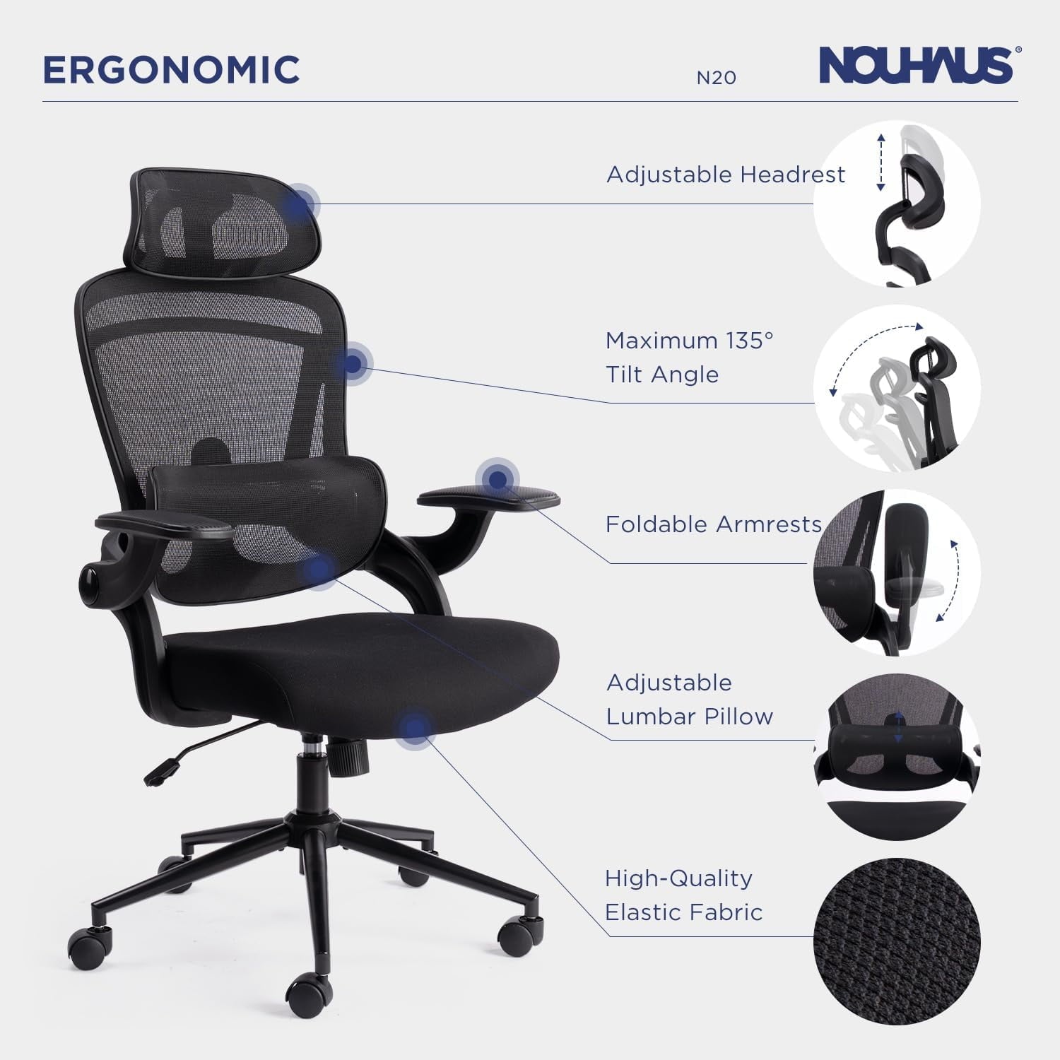 Nouhaus Ergonomic ErgoFit Mesh Office Chair Lumbar Support Comfy Gaming Chairs with Adjustable Headrest & Armrest, Big and Tall Swivel Computer Desk Chair Tilt Function