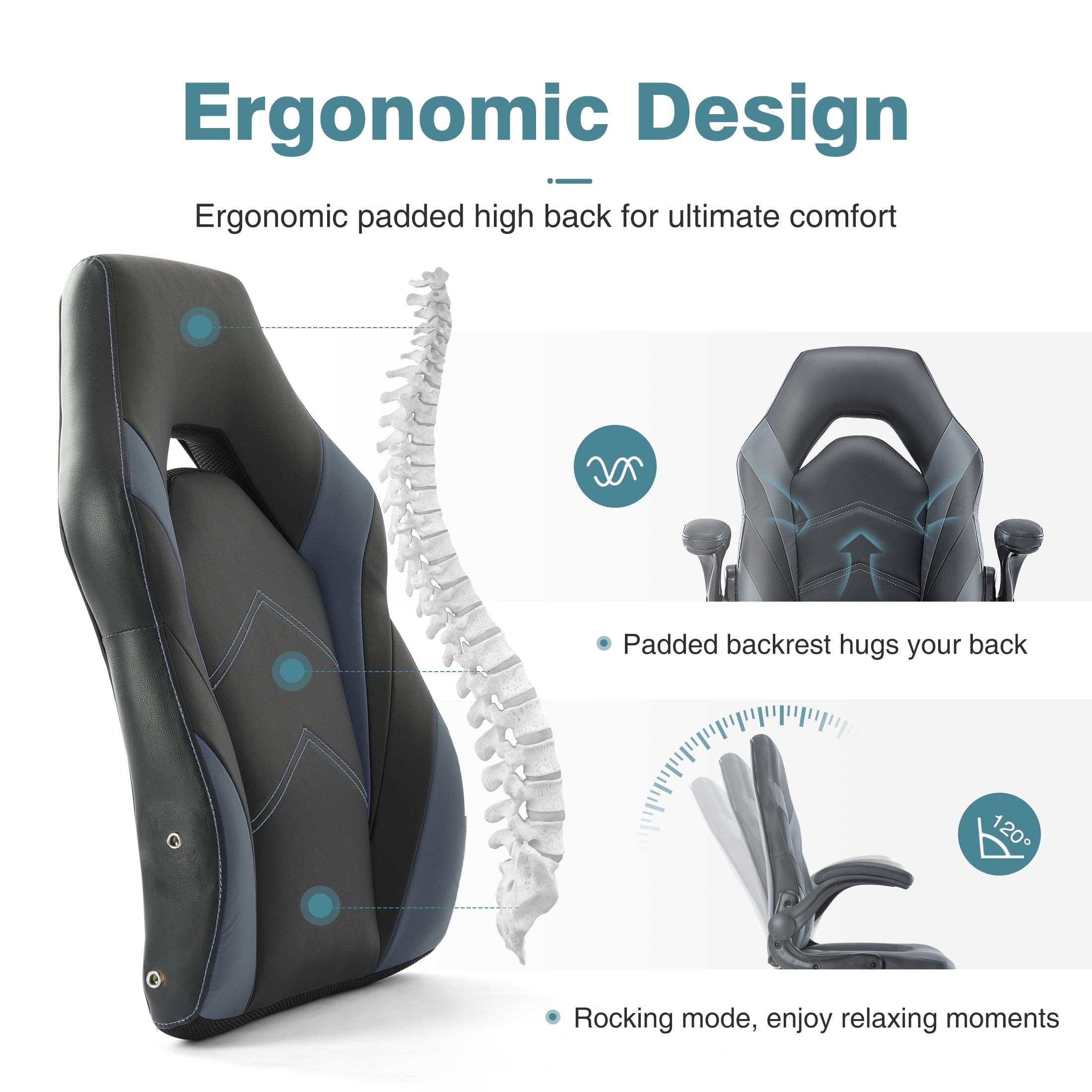 CONCETTA Computer Desk Chair, Gaming Chair with Flip-up Armrests, Ergonomic Home Office Chairs Height Adjustable, Leather Game Chair with Lumbar Support, Black and Gray