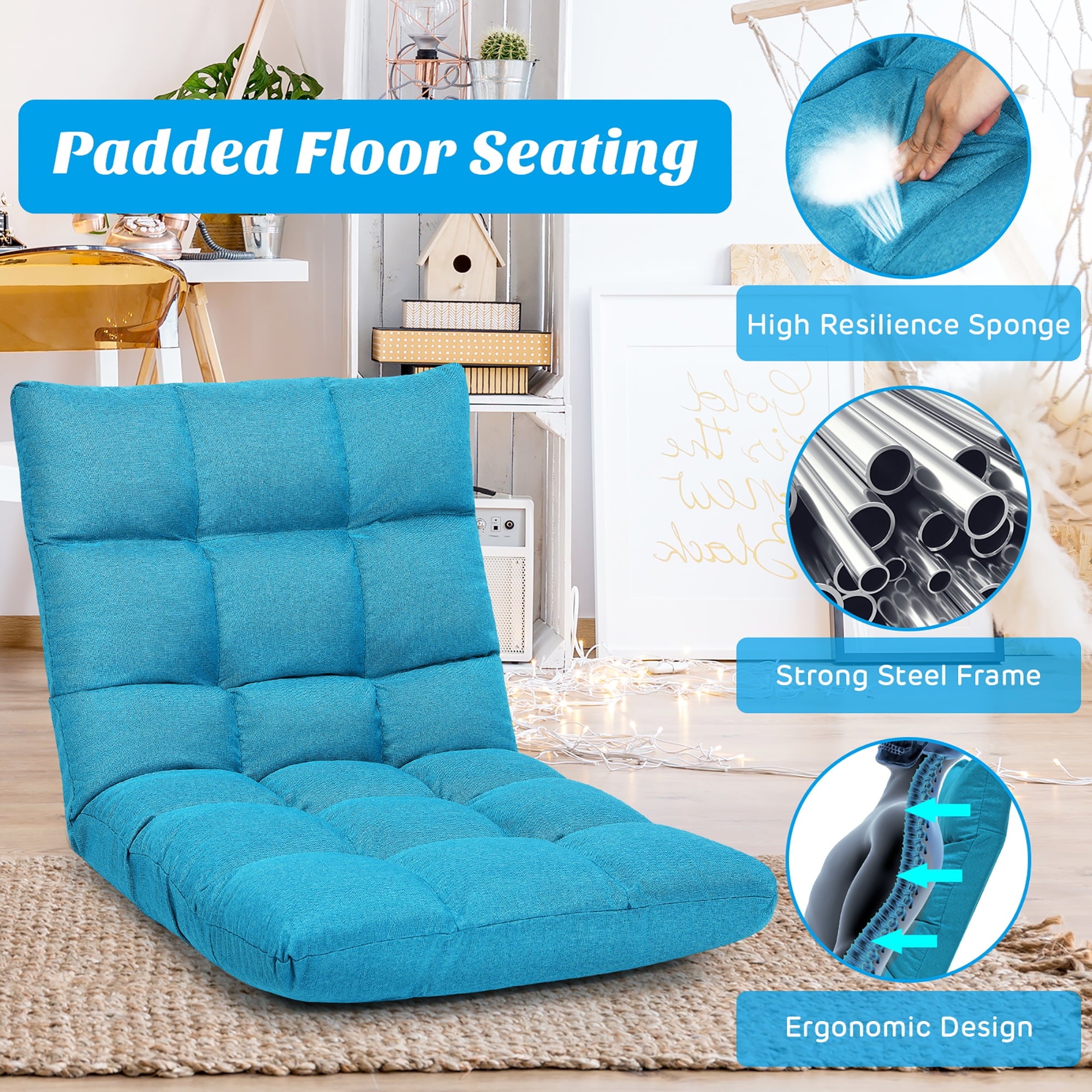 Costway Adjustable 14-Position Floor Chair Folding Lazy Gaming Sofa Chair Peacock Blue