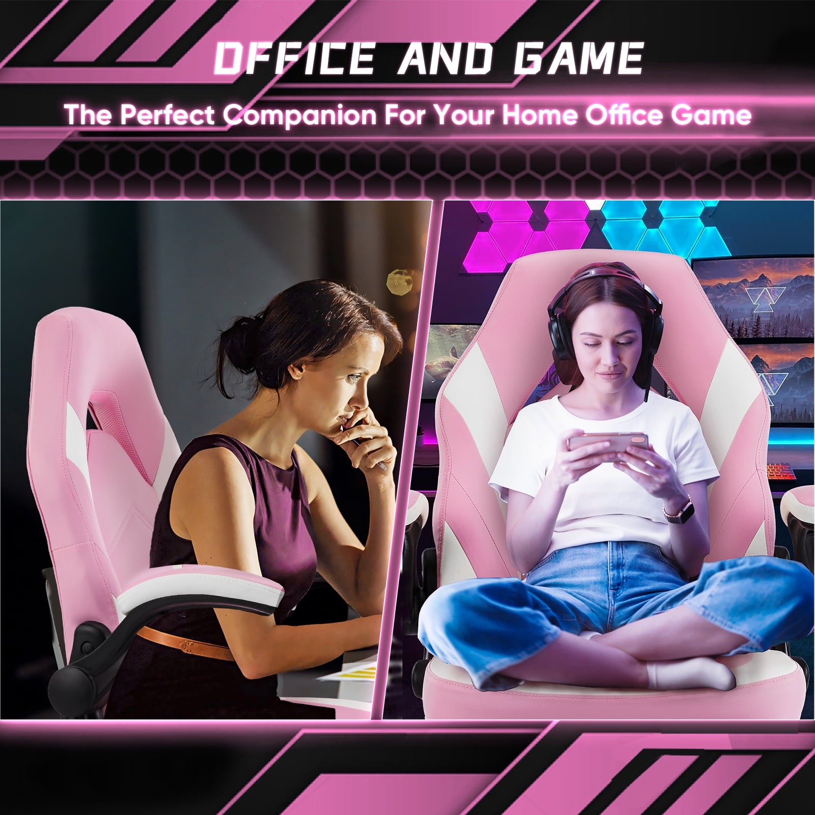 GIANNA Ergonomic PU Leather Computer Gaming Chair, Adjustable Swivel Racing Chair with Flip-up Armrest, Pink White