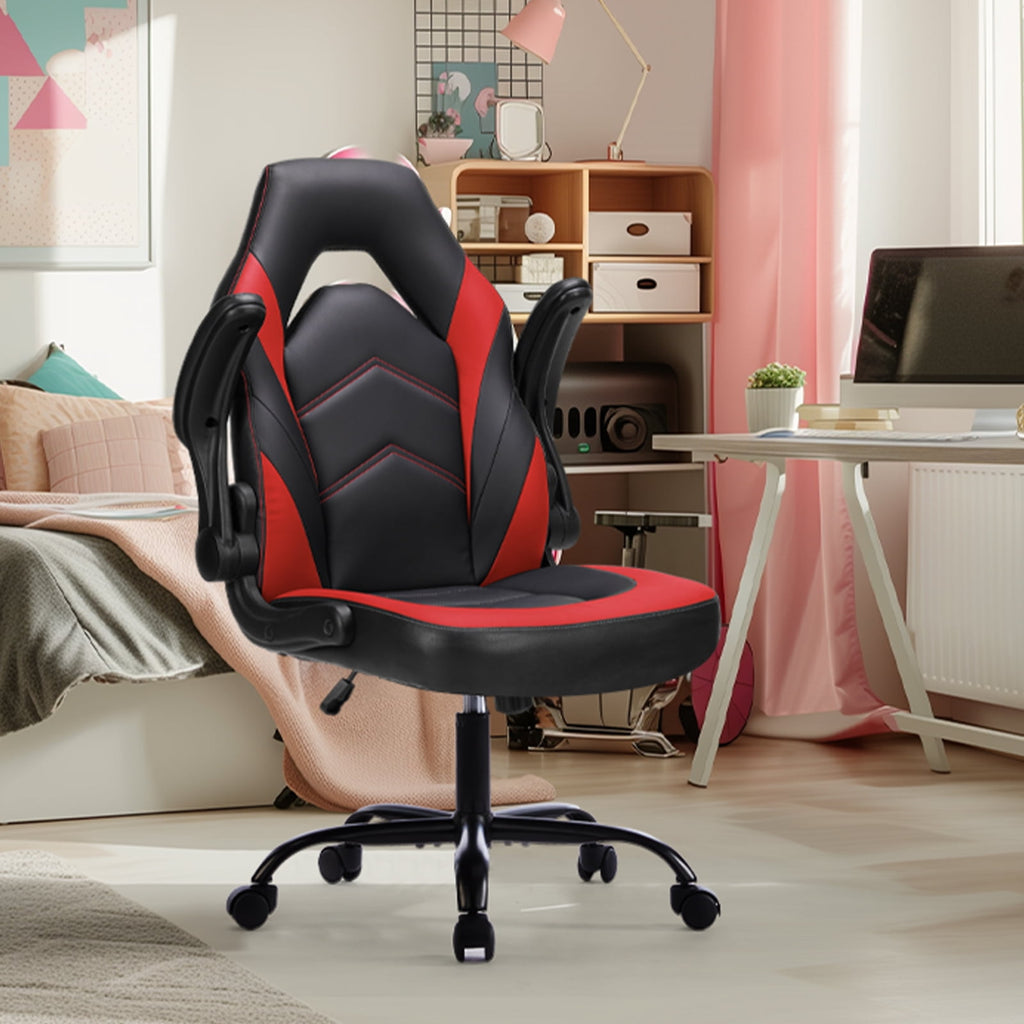 GIANNA Computer Gaming Desk Chair, Ergonomic Office Executive Adjustable Swivel PU Leather Racing Chair with Flip-up Armrest, Black Red