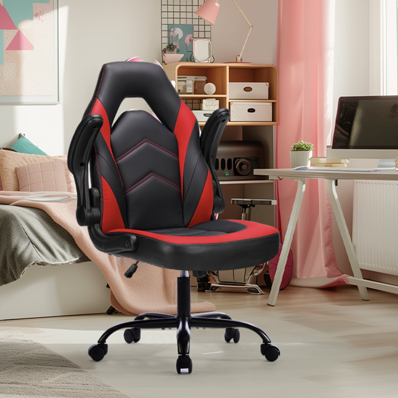 GIANNA Computer Gaming Desk Chair, Ergonomic Office Executive Adjustable Swivel PU Leather Racing Chair with Flip-up Armrest, Black Red