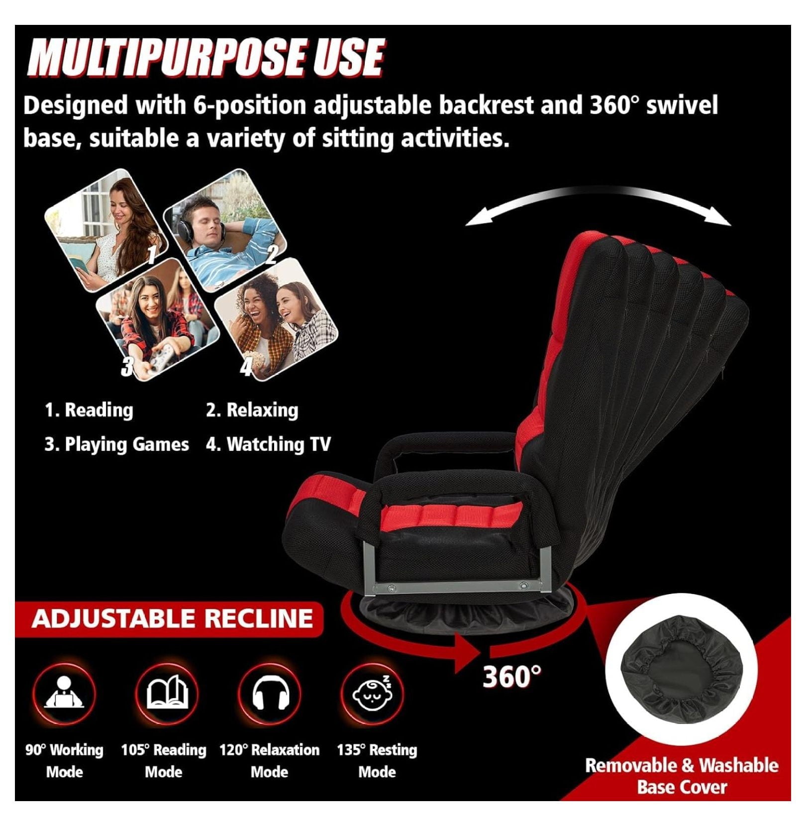 YOSITiuu Adjustable Swivel Adults and Kids Multipurpose Floor Gaming Chair, Red/Black