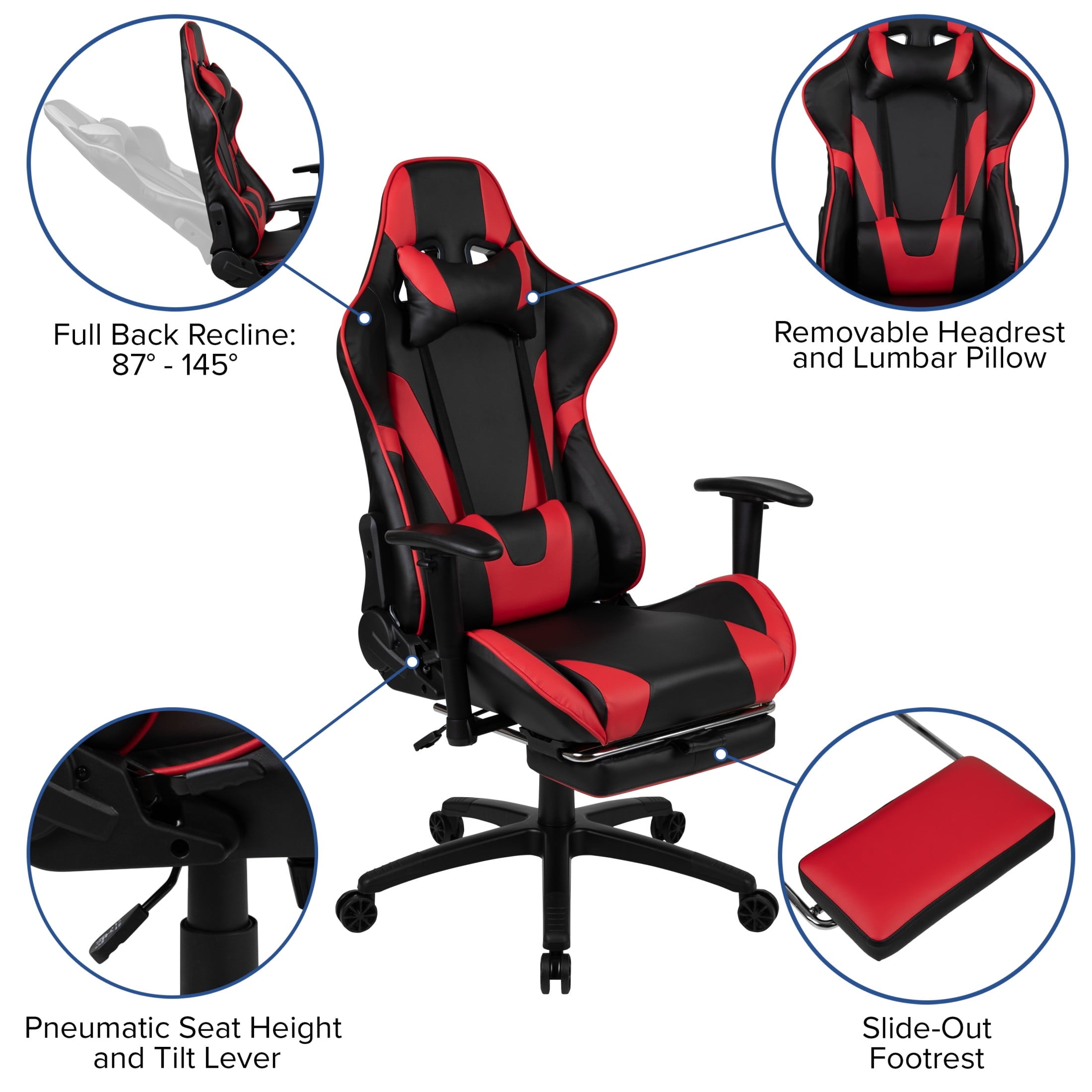 Emma + Oliver Racing Gaming Ergonomic Chair with Reclining Back, Footrest in Red LeatherSoft