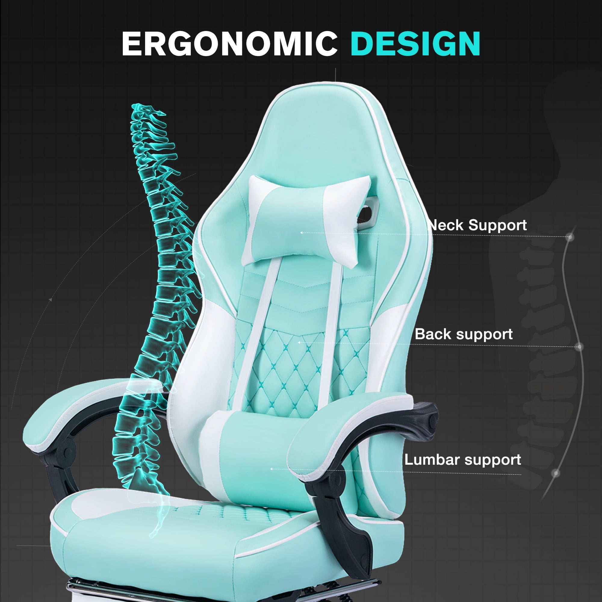 JONPONY Ergonomic Video Gamer Chairs,Computer Gaming Chairs with Massage Lumbar Support and footrest,Racing Style Computer Chair Adjustable Headrest for Adults,GREEN