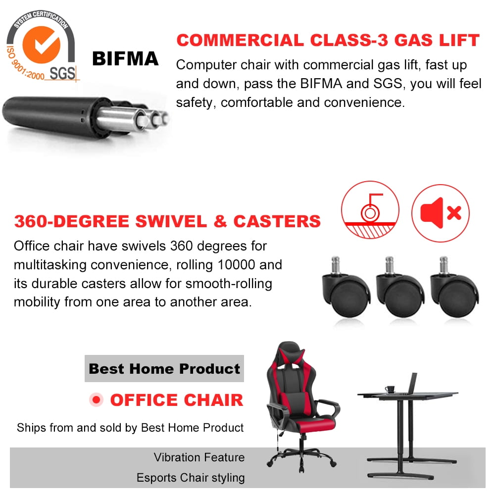 Gaming Chair Massage Computer Chair with Headrest Adjustable Office Chair Desk Chair with Armrest & Lumbar Support for Teens & Kids, Red