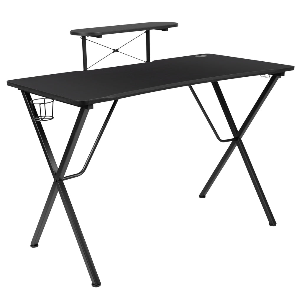 Emma + Oliver Black/Pink Gaming Desk Set with Cup Holder, Headphone Hook, and Monitor Stand