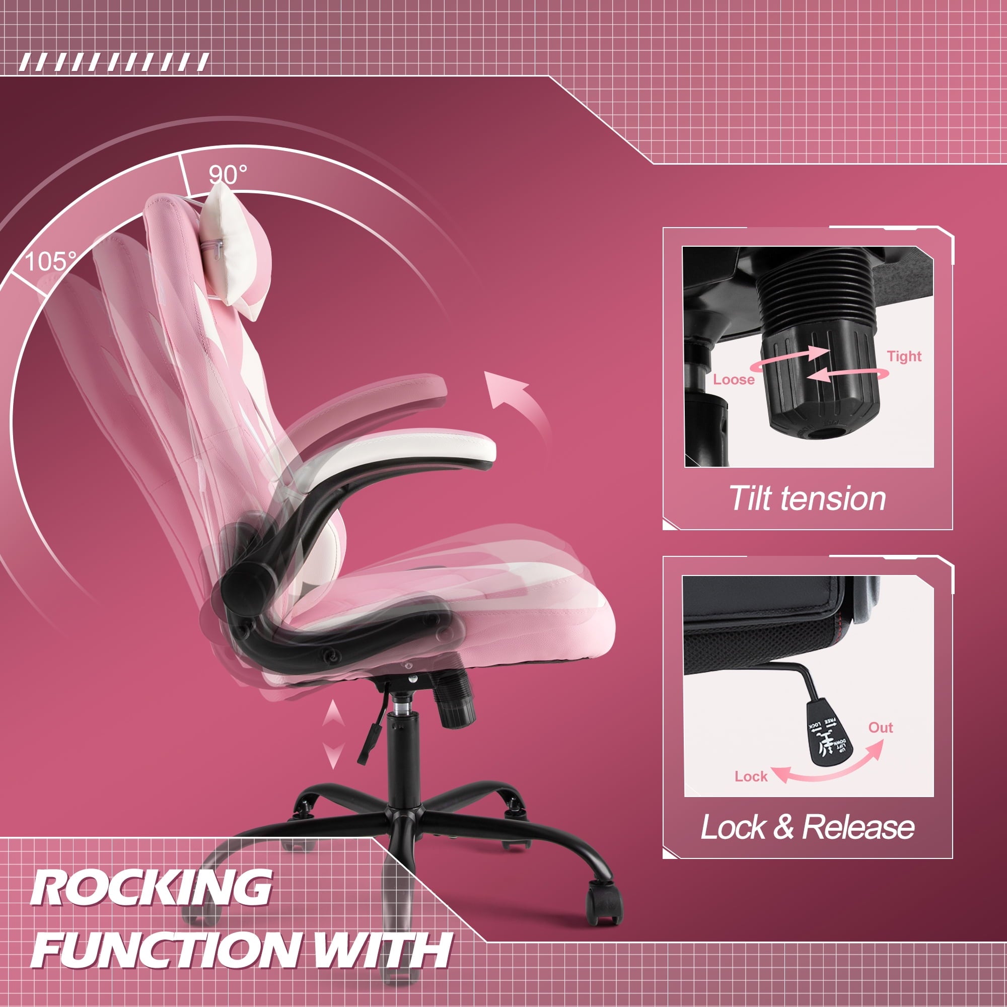 Rimiking Gaming Chair, Computer Chair Ergonomic Office Chair PU Leather Desk Chair Executive Adjustable Swivel Task Chair with Flip-up Armrest