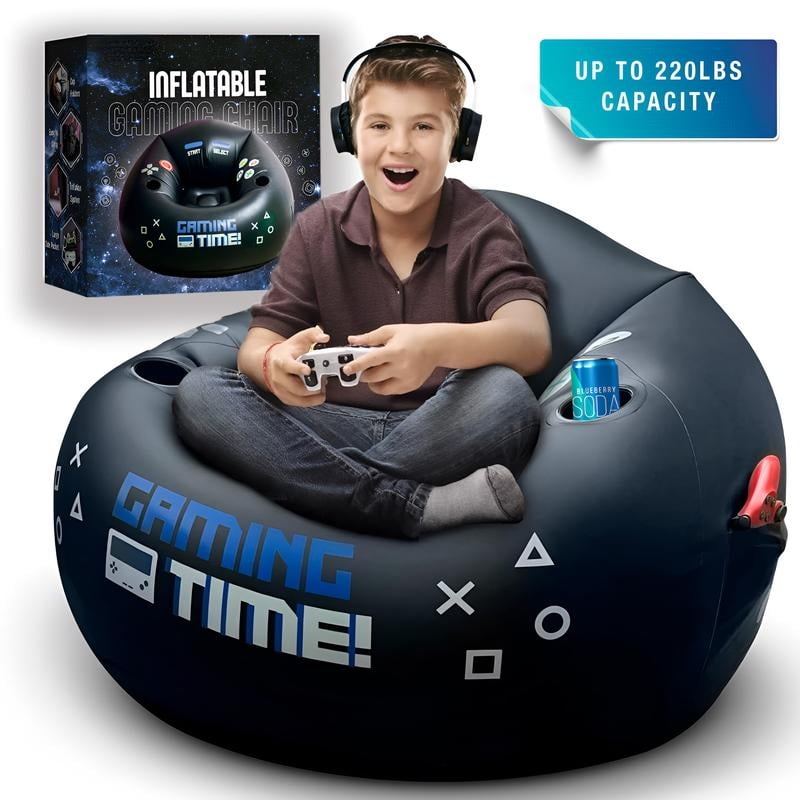 Inflatable Gaming Chair for Kids with Cup Holders and Side Pocket, High Back, for Gaming Room Decor