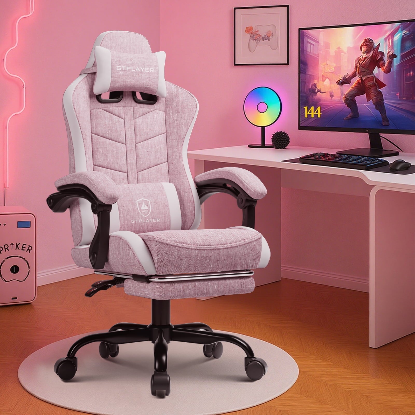 GTPLAYER Gaming Chair with Footrest, Computer Gaming Chair for Adults and Kids, Height Adjustable Gamer Chair with 90-155° Recline & Removable Headrest Lumbar Support,Colorful Black