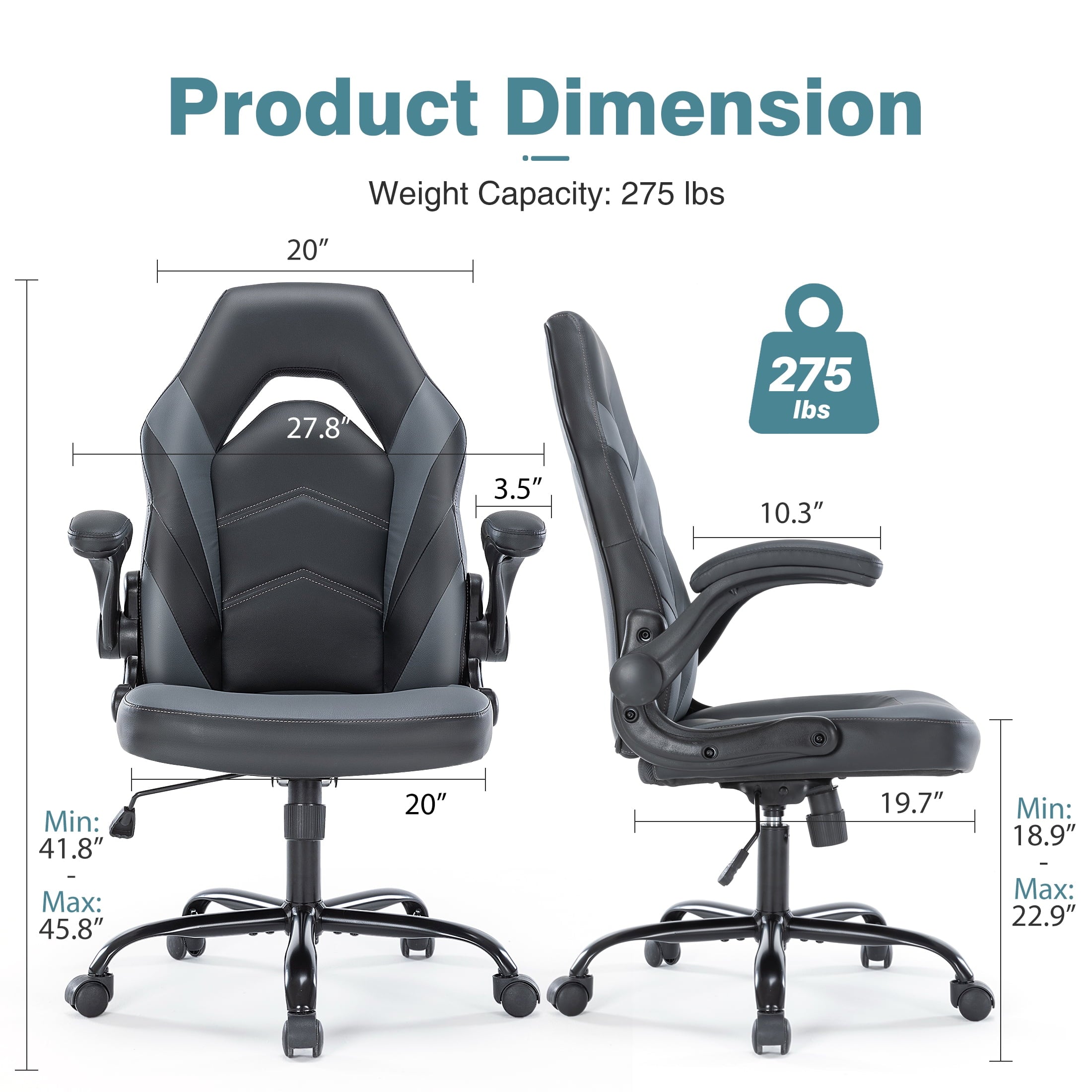 CONCETTA Computer Desk Chair, Gaming Chair with Flip-up Armrests, Ergonomic Home Office Chairs Height Adjustable, Leather Game Chair with Lumbar Support, Black and Gray