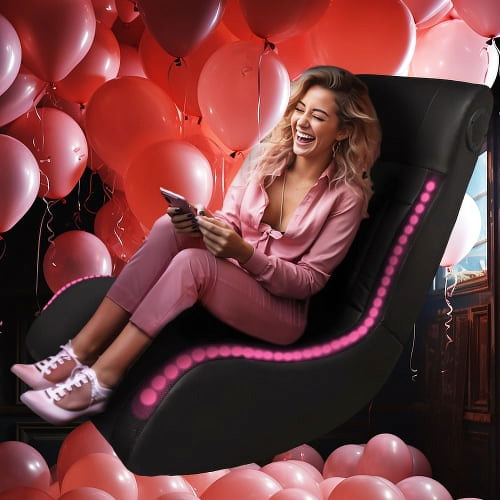 Video Gaming Floor Rocker Chair, Built-in Audio Speakers, LED Strip Lighting, Vibration Massage, USB Charging Port, Foldable Floor Gaming Chairs for Gamers