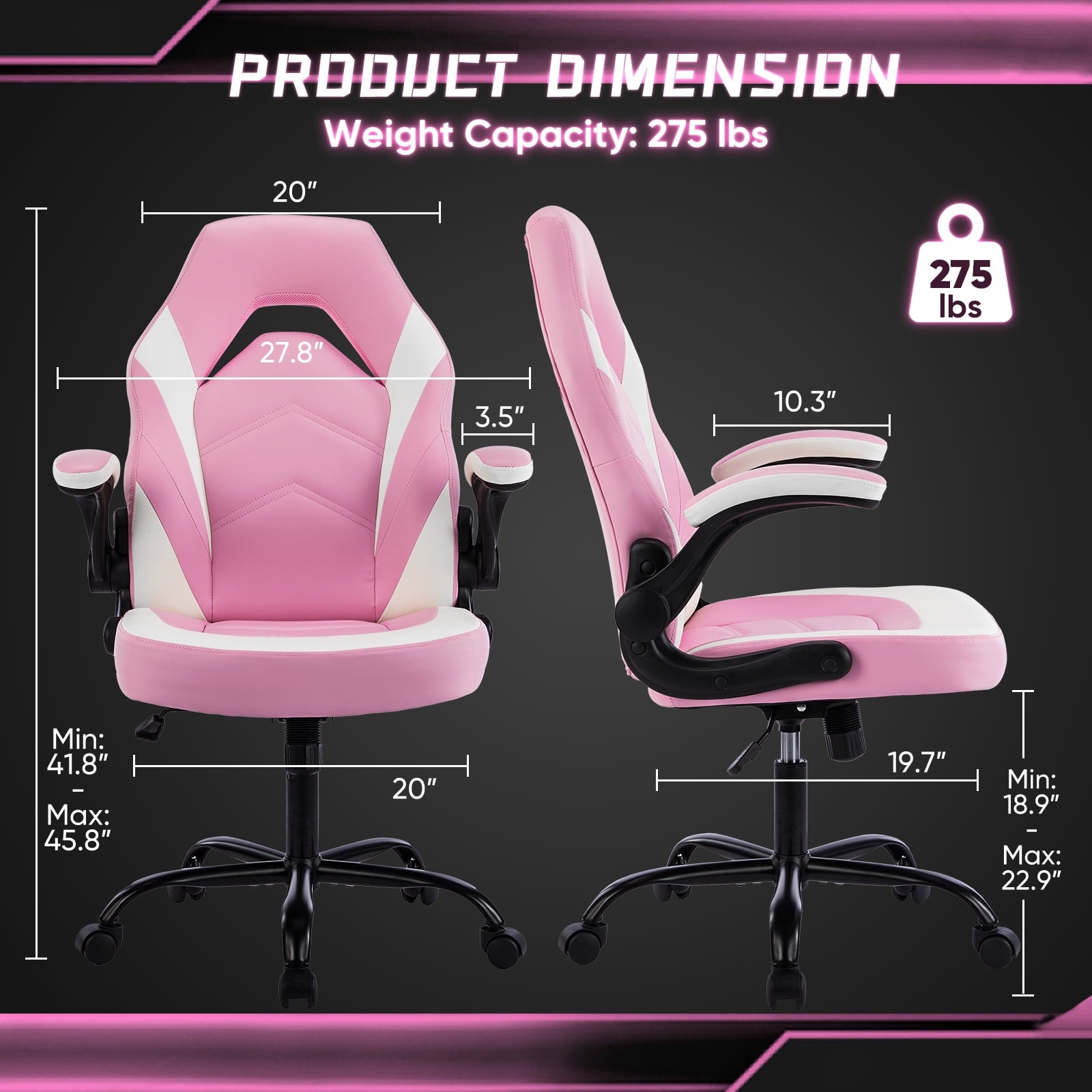 GIANNA Ergonomic PU Leather Computer Gaming Chair, Adjustable Swivel Racing Chair with Flip-up Armrest, Pink White