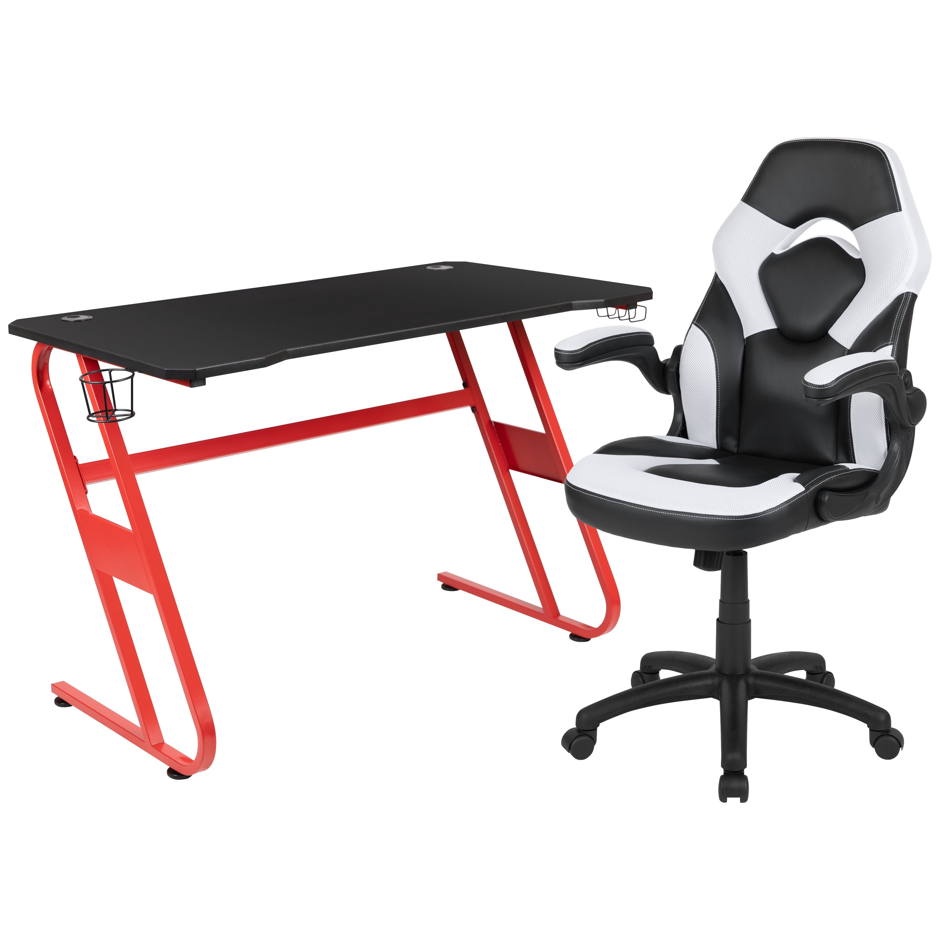 Emma + Oliver Gaming Bundle-Red Desk, Cup Holder, Headphone Hook and White Chair