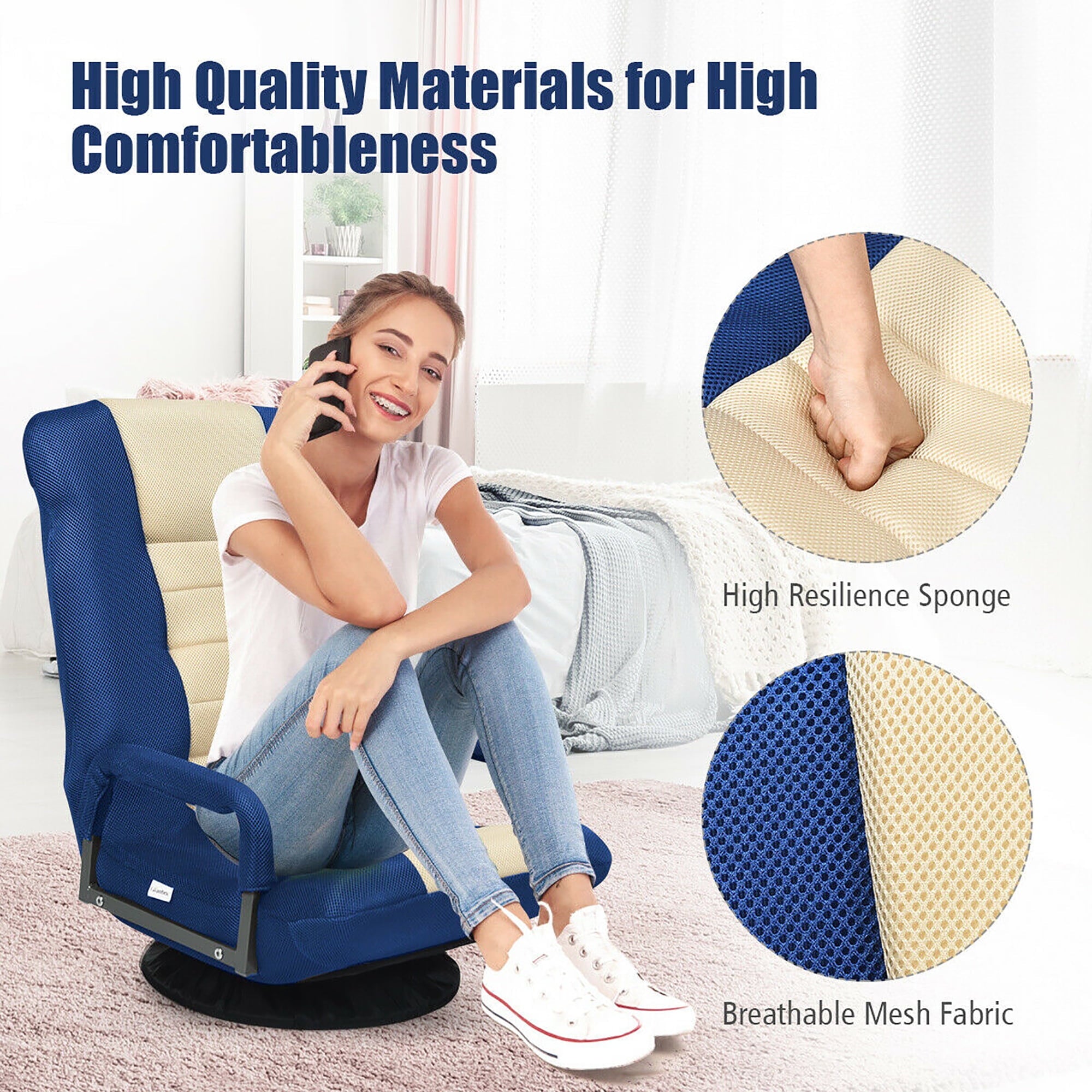 Costway 360-Degree Swivel Gaming Floor Chair with Foldable Adjustable Backrest Blue