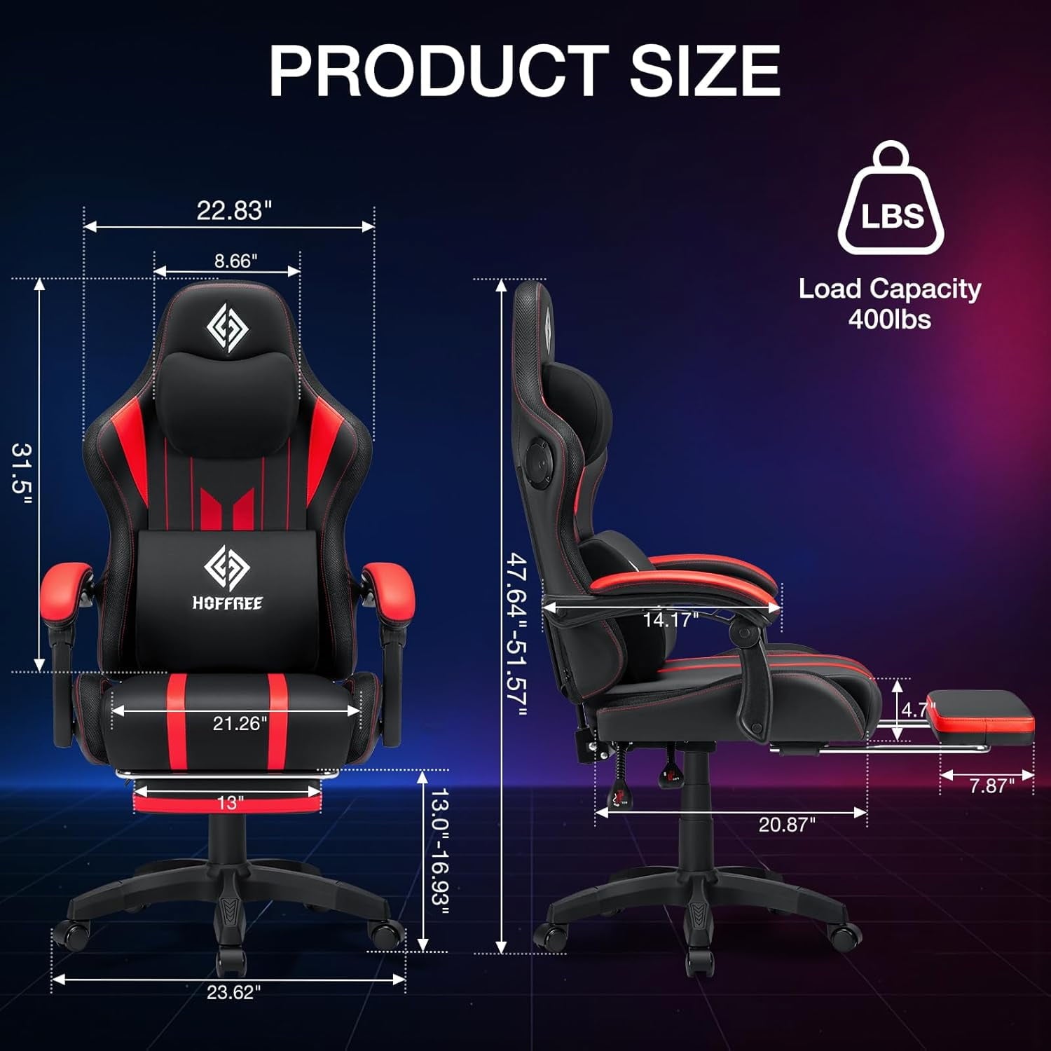 HOFFREE Massage Gaming Chair with Speakers, Leather Game Chair with Bluetooth and Music Rhythm RGB Lights, Big and Tall Gamer Chair with Footrest for Adults, Ergonomic Video Game Chair with Headrest