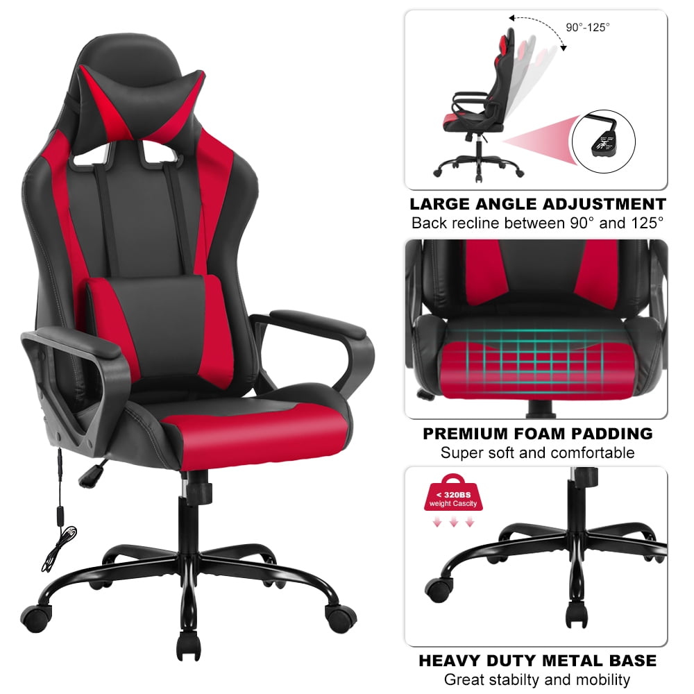 Gaming Chair Massage Computer Chair with Headrest Adjustable Office Chair Desk Chair with Armrest & Lumbar Support for Teens & Kids, Red