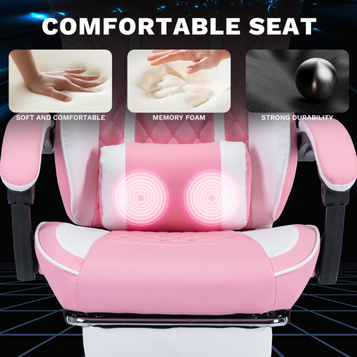 Computer Gaming Chairs with Massage Lumbar Support and footrest,Racing Style Computer Chair Adjustable Headrest for Adults,Pink White