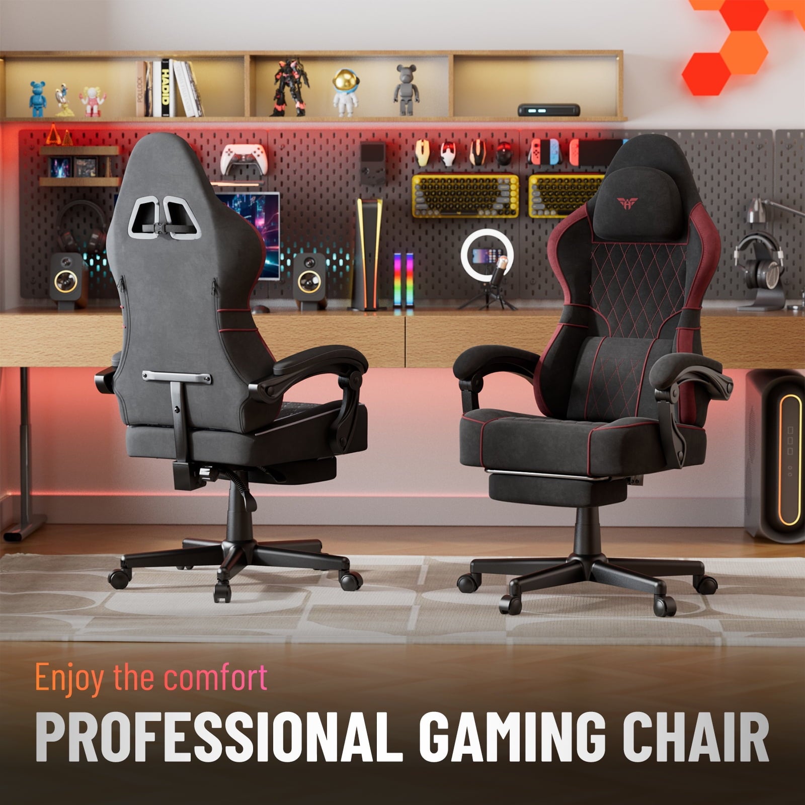 Huracan Velvet Fabric Gaming Chair for Adult Adjustable Height Video Gamer Chair with Footrest&Massage Lumbar Cushion High Back Computer Deak Chair for Office Home,Black+Red