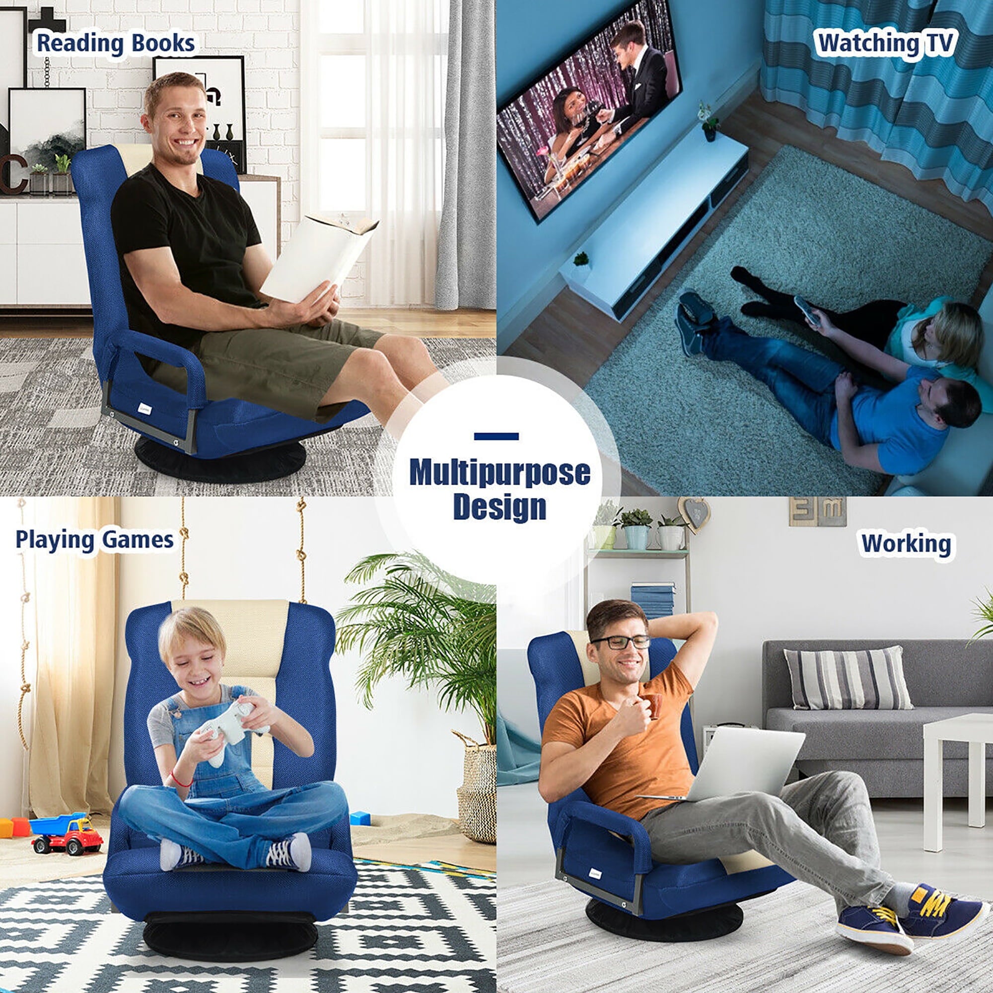 Costway 360-Degree Swivel Gaming Floor Chair with Foldable Adjustable Backrest Blue