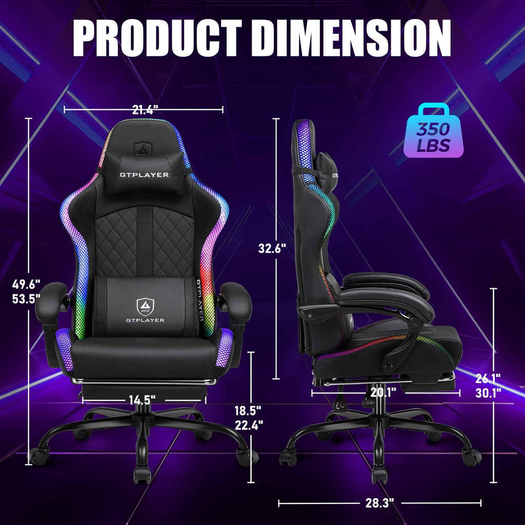 GTPLAYER RGB Gaming Chair, Computer Gamer Chair with Footrest and LED Lights, Black