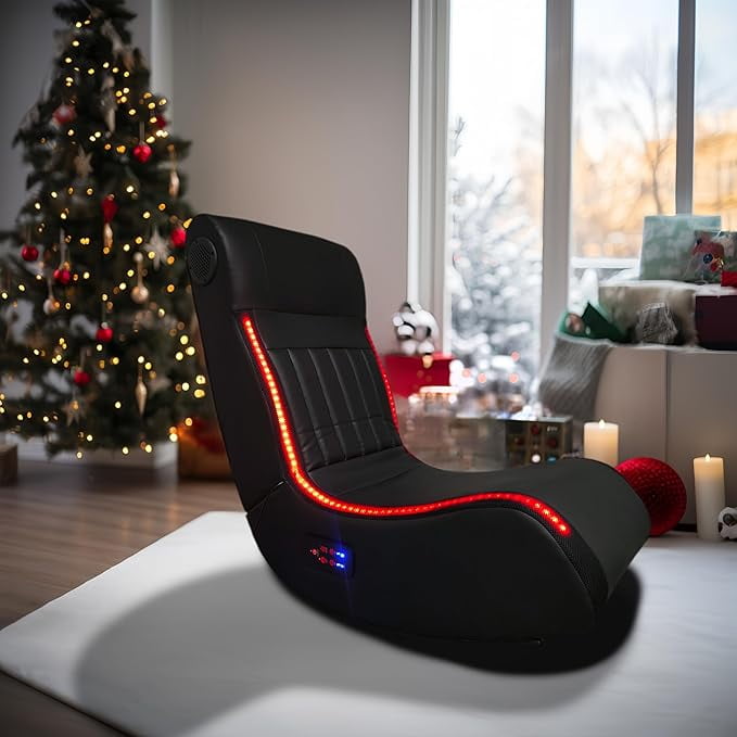 Video Gaming Floor Rocker Chair, Built-in Audio Speakers, LED Strip Lighting, Vibration Massage, USB Charging Port, Foldable Floor Gaming Chairs for Gamers