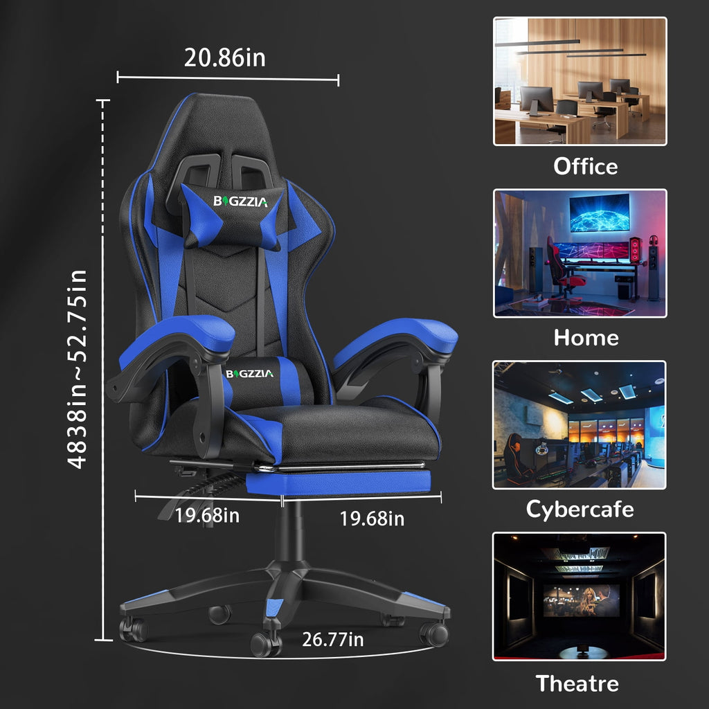 Bigzzia Gaming Chair with Footrest, Computer Chair with Adjustable Lumbar Pillow and Headrest, Blue