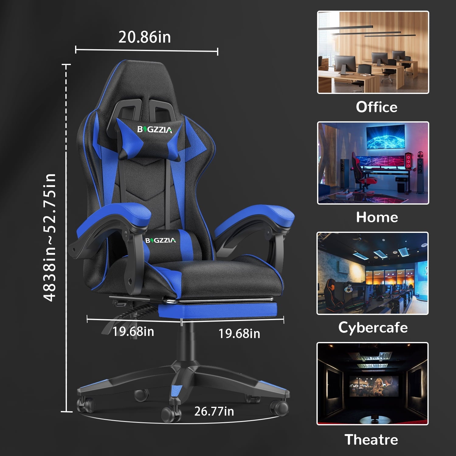Bigzzia Gaming Chair with Footrest, Computer Chair with Adjustable Lumbar Pillow and Headrest, Blue
