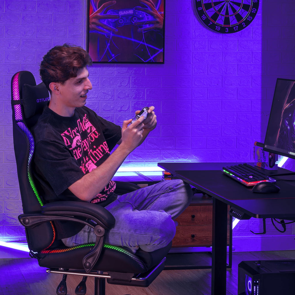 GTPLAYER RGB Gaming Chair, Computer Gamer Chair with Footrest and LED Lights, Black