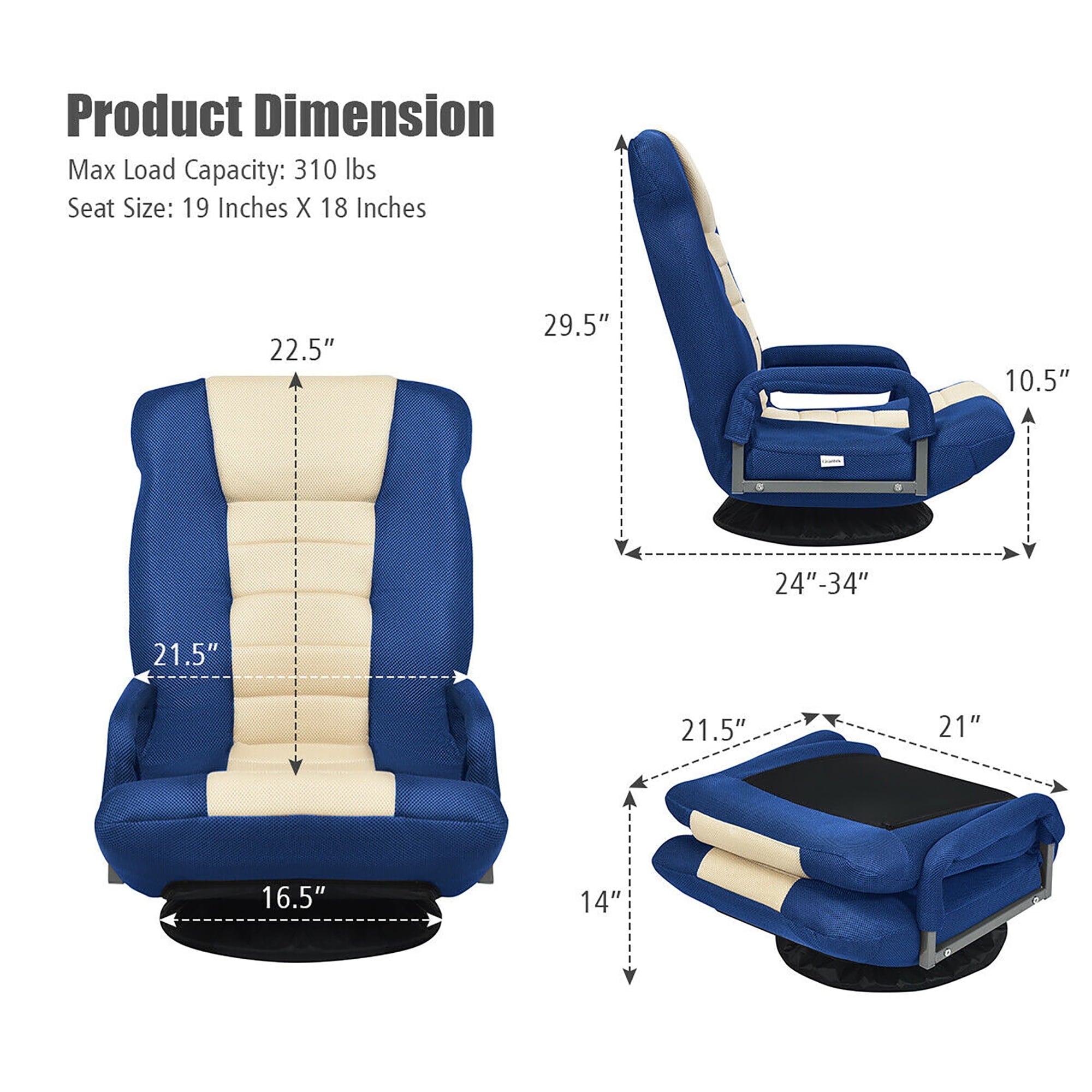 Costway 360-Degree Swivel Gaming Floor Chair with Foldable Adjustable Backrest Blue