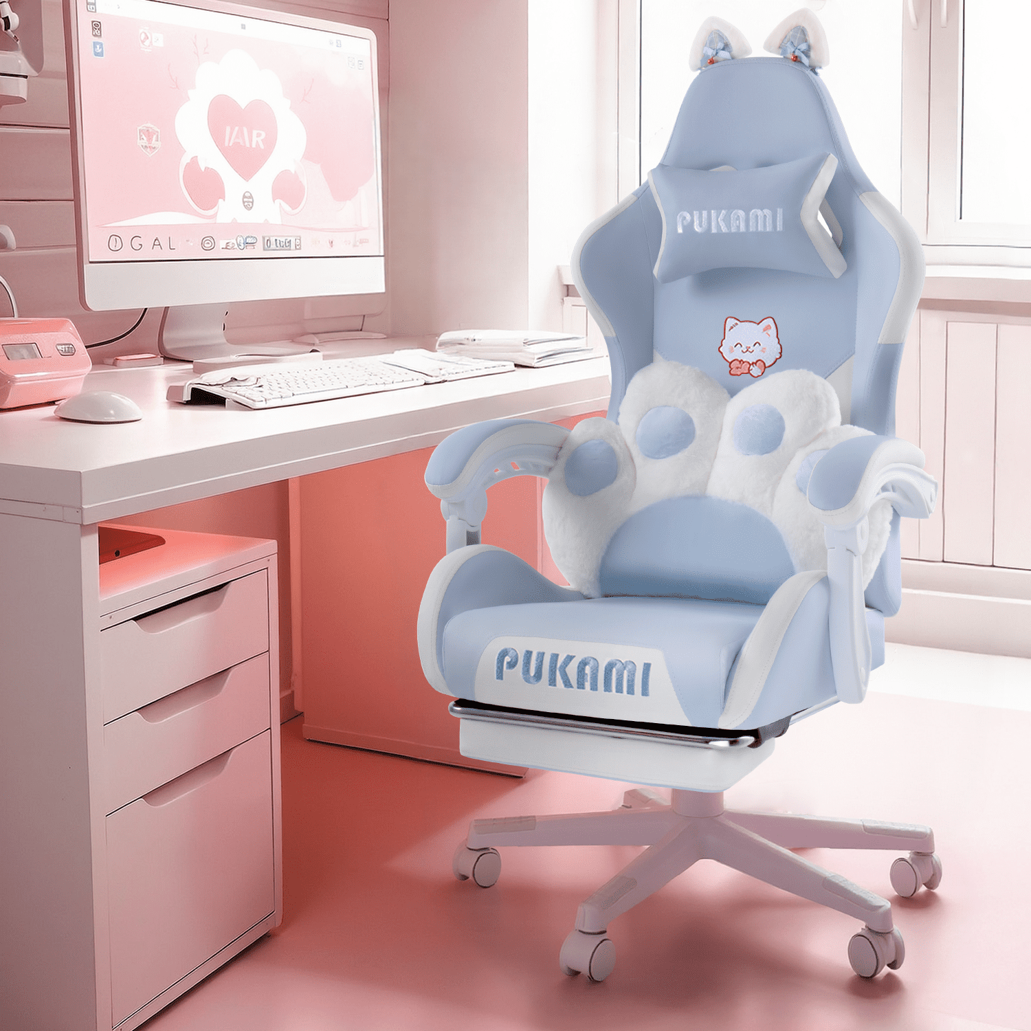 BOSSIN Pink Gaming Chair,Ergonomic Computer Chair for adult with Cat Paw Lumbar Cushion and Cat Ears