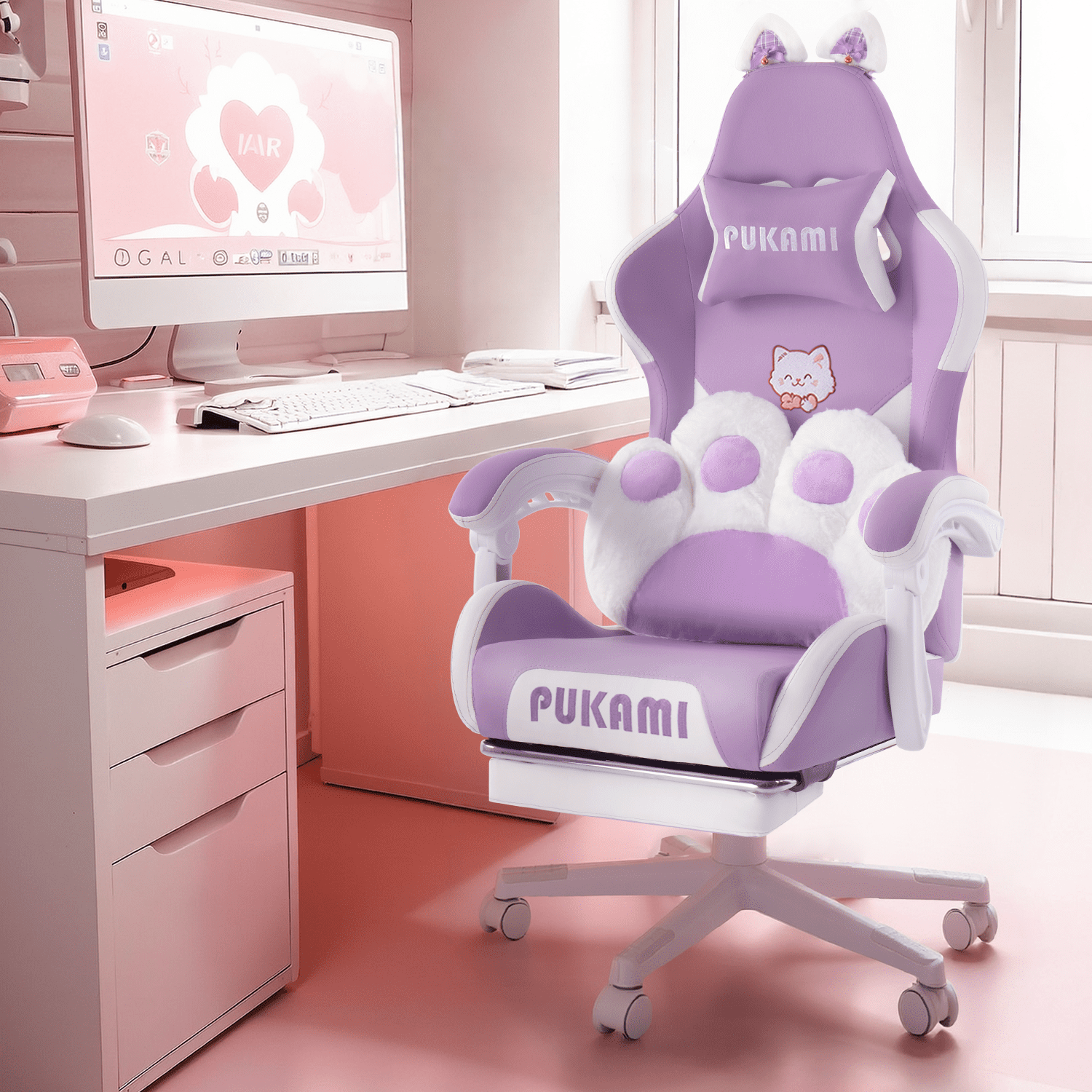BOSSIN Pink Gaming Chair,Ergonomic Computer Chair for adult with Cat Paw Lumbar Cushion and Cat Ears