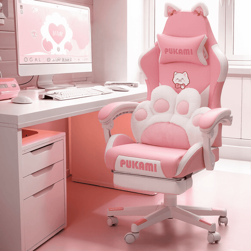 BOSSIN Pink Gaming Chair,Ergonomic Computer Chair for adult with Cat Paw Lumbar Cushion and Cat Ears