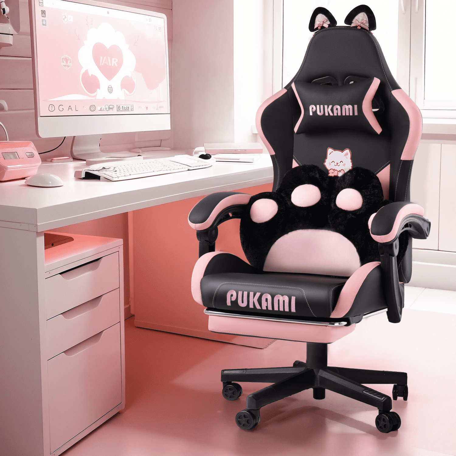 BOSSIN Pink Gaming Chair,Ergonomic Computer Chair for adult with Cat Paw Lumbar Cushion and Cat Ears