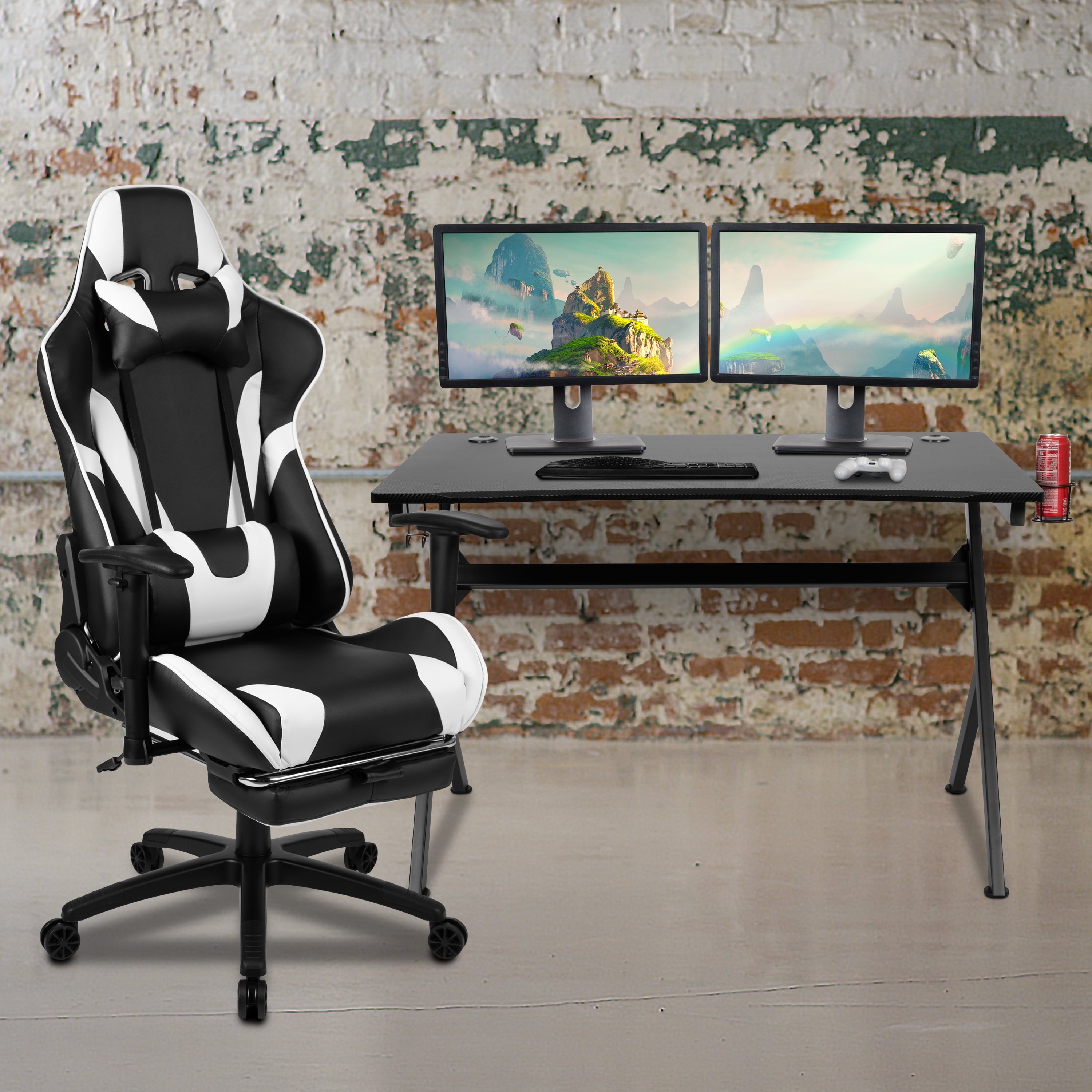 EMMA + OLIVER Reclining Gaming Chair & Desk Set with Footrest, Cup Holder & Headset Hook, Black