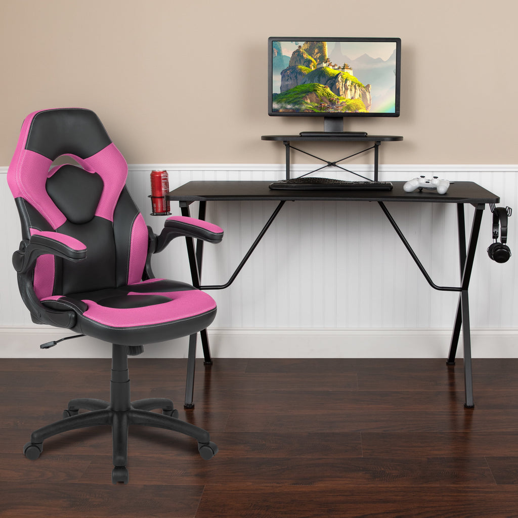 Emma + Oliver Black/Pink Gaming Desk Set with Cup Holder, Headphone Hook, and Monitor Stand