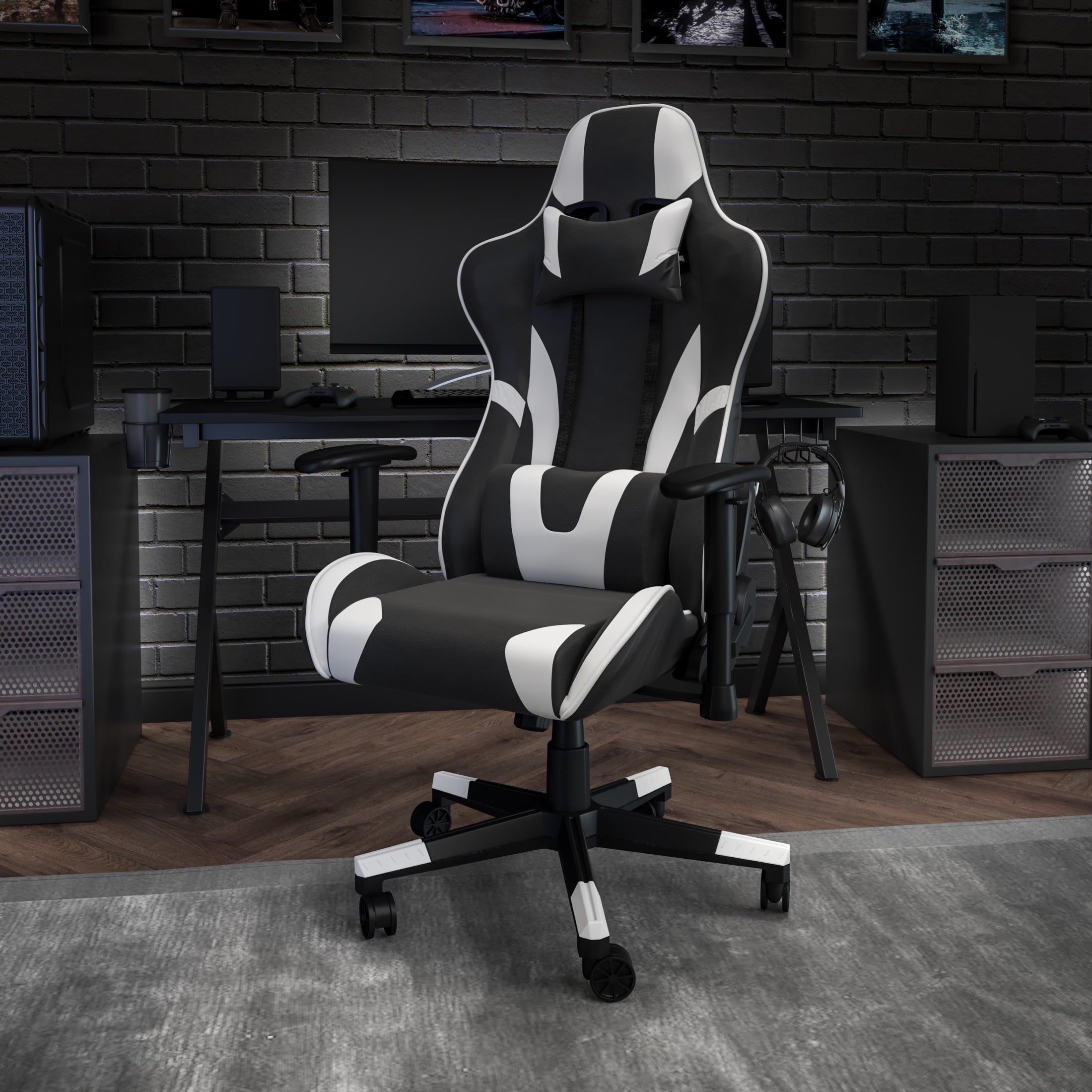 Emma + Oliver Fully Reclining Racing Gaming Ergonomic Chair, Black LeatherSoft