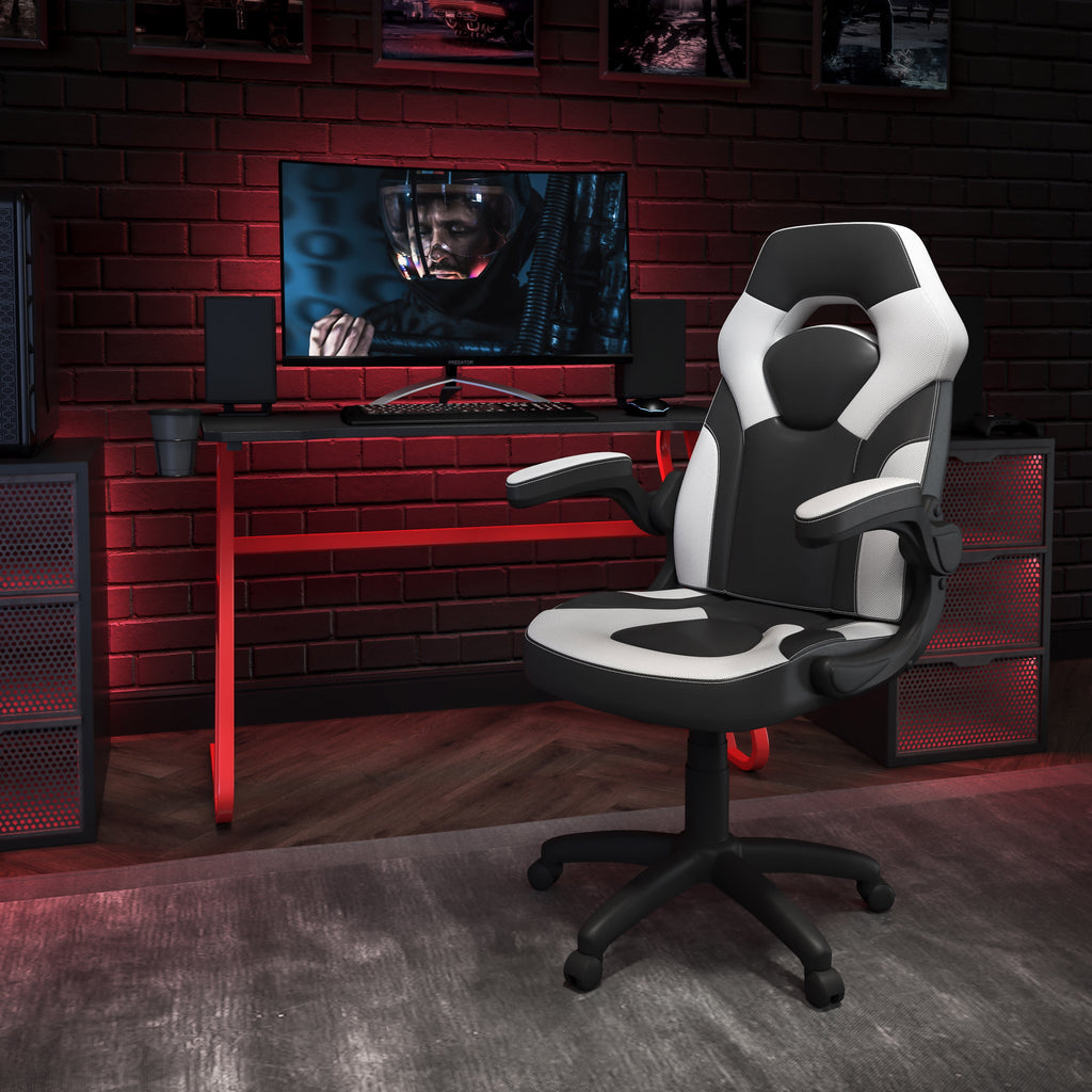 Emma + Oliver Gaming Bundle-Red Desk, Cup Holder, Headphone Hook and White Chair