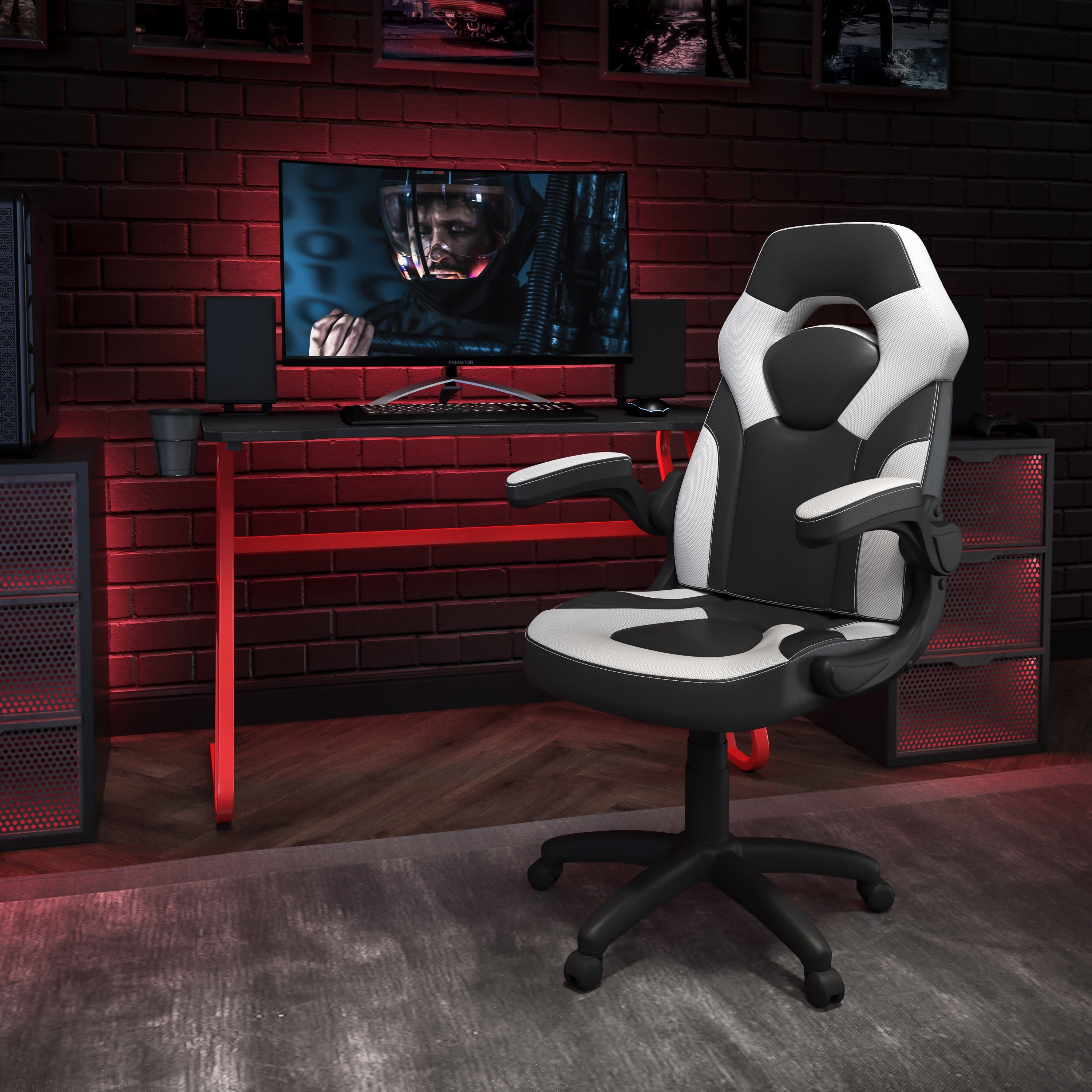 Emma + Oliver Gaming Bundle-Red Desk, Cup Holder, Headphone Hook and White Chair