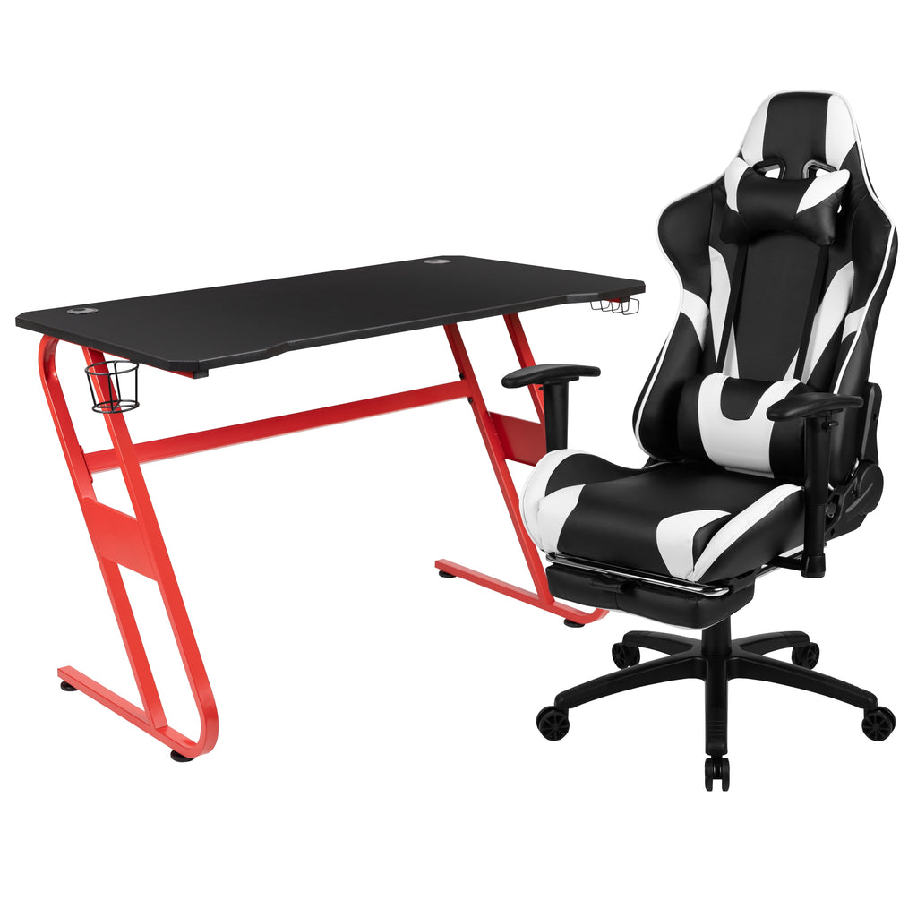 Flash Furniture Red Gaming Desk with Cup Holder/Headphone Hook & Blue Reclining Gaming Chair with Footrest