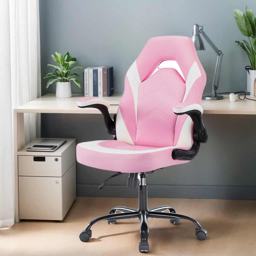 GIANNA Ergonomic PU Leather Computer Gaming Chair, Adjustable Swivel Racing Chair with Flip-up Armrest, Pink White