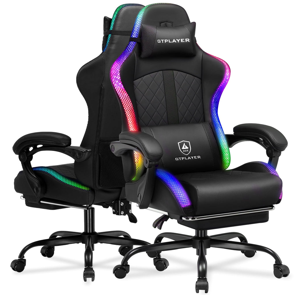 GTPLAYER RGB Gaming Chair, Computer Gamer Chair with Footrest and LED Lights, Black