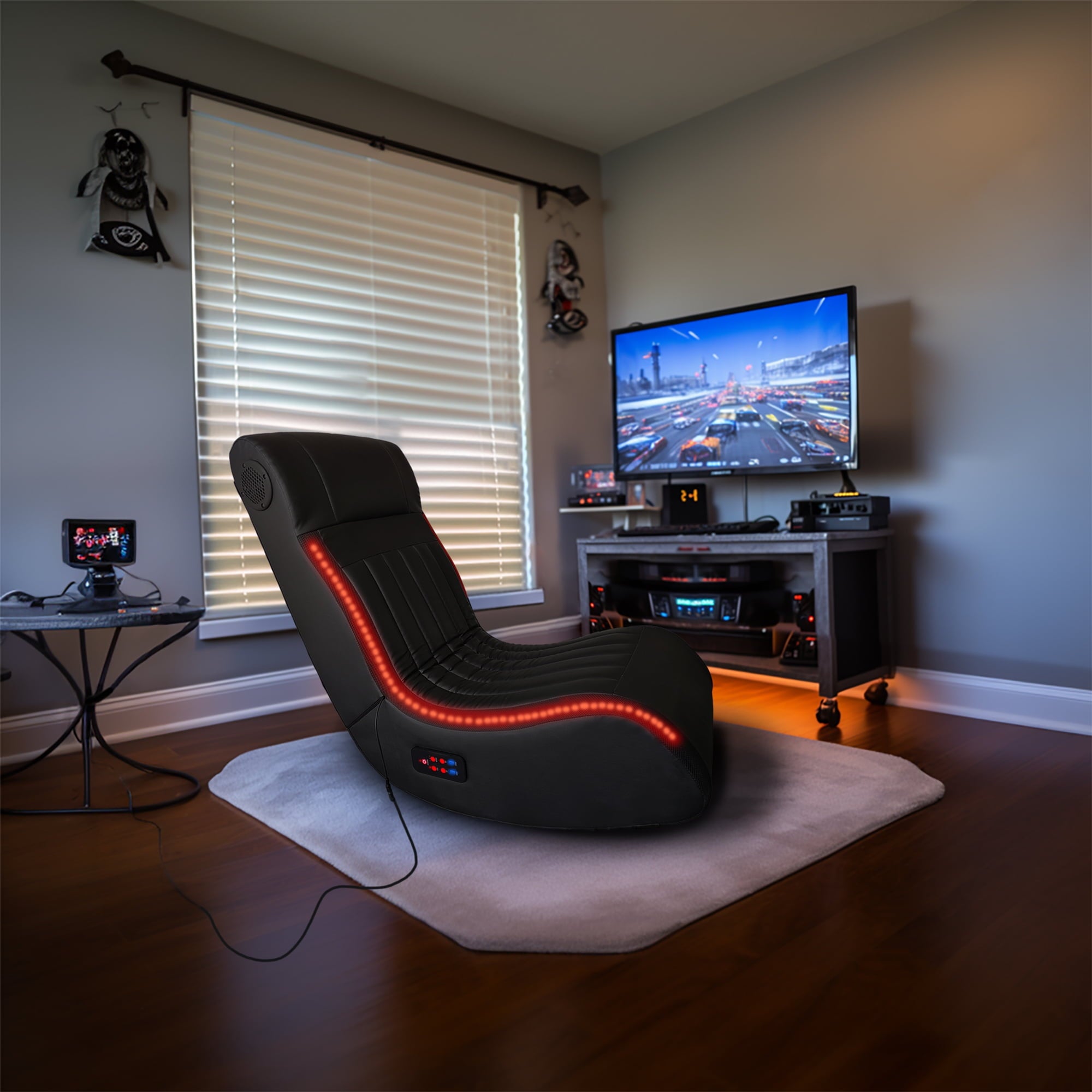 Game Chair Foldable Gaming Chair With Onboard Speakers, LED Strip Lighting, Bluetooth Music Speakers, Vibration Massage, USB Charging Port,Reclining Game Chair