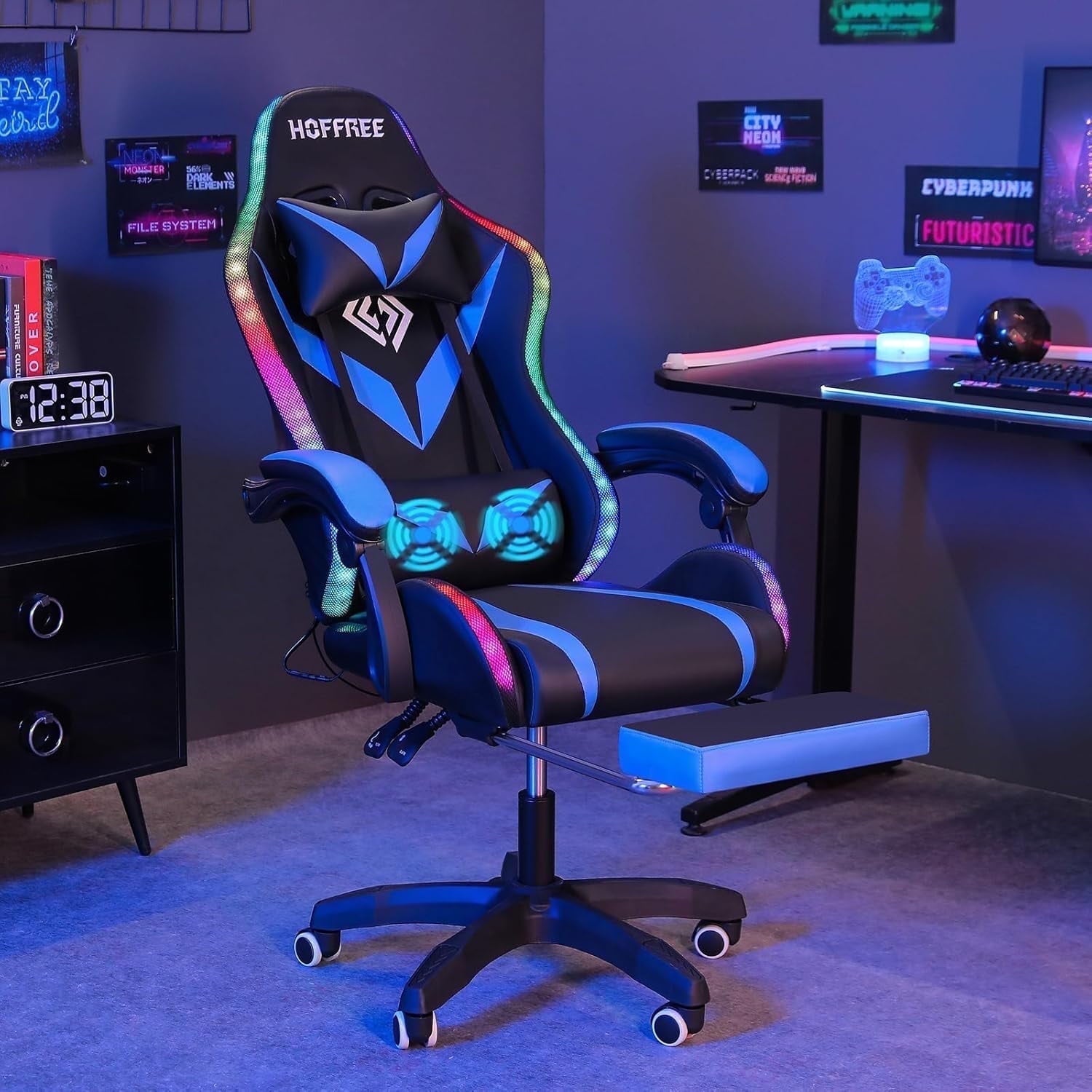 HOFFREE Gaming Chair with Massage and LED RGB Lights Ergonomic Computer Chair with Footrest High Back Video Game Chair with Adjustable Lumbar Support Linkage Armrest for Home Office