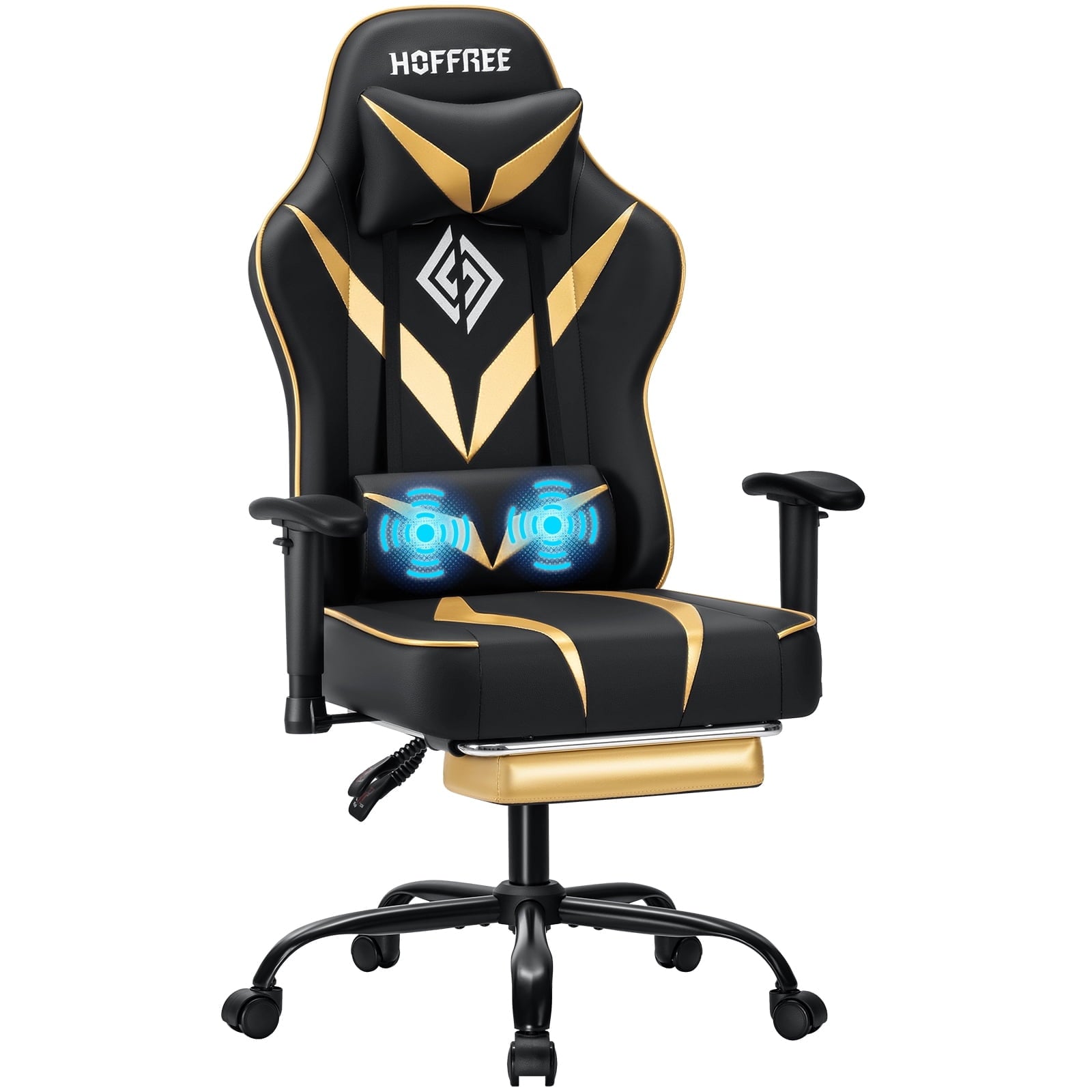 Hoffree Massage Gaming Chair with Footrest Ergonomic Design Gamer Chair with Adjustable Armrest for Adults and Teens Leather Game Chair with Headrest and Lumbar Support