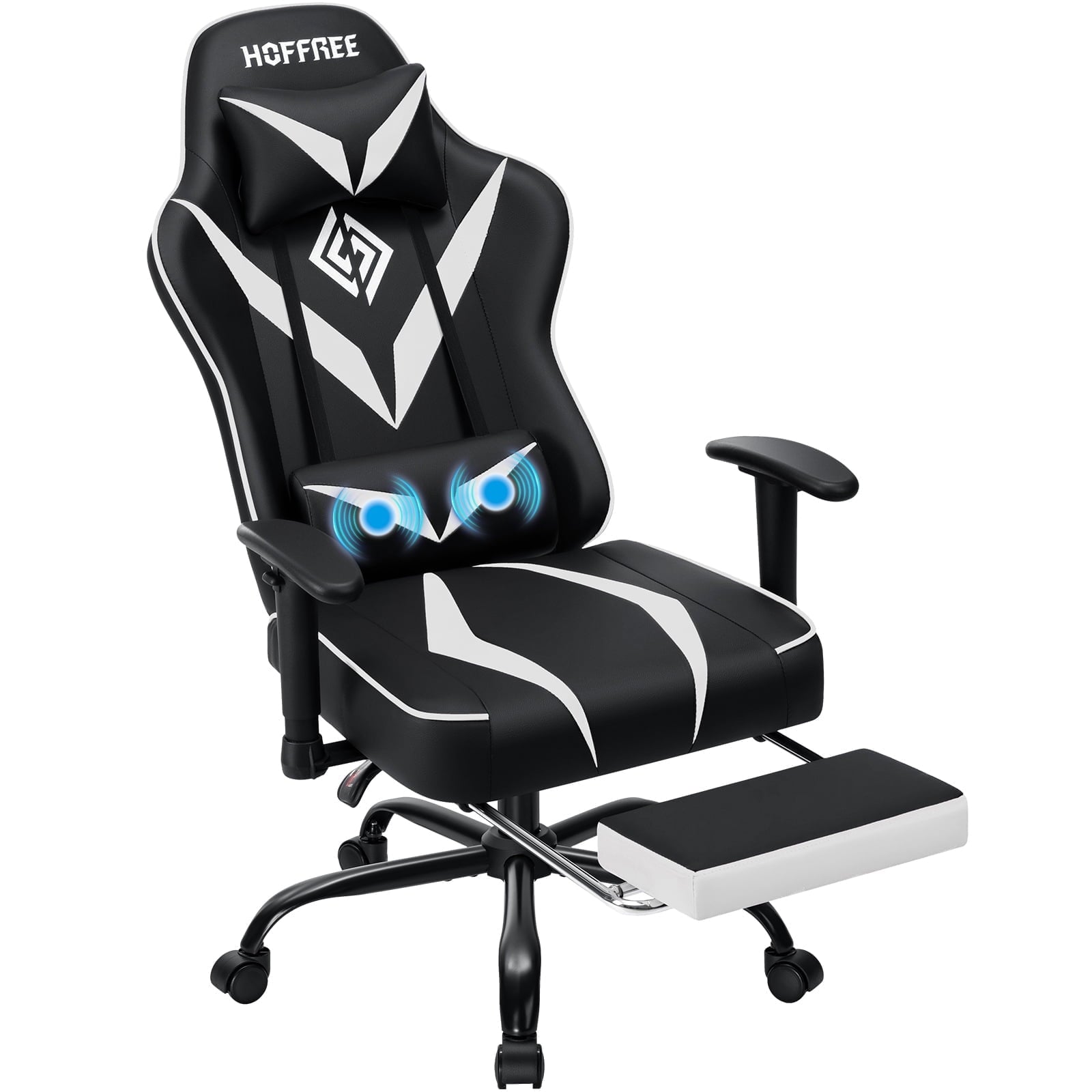 Hoffree Massage Gaming Chair with Footrest Ergonomic Design Gamer Chair with Adjustable Armrest for Adults and Teens Leather Game Chair with Headrest and Lumbar Support