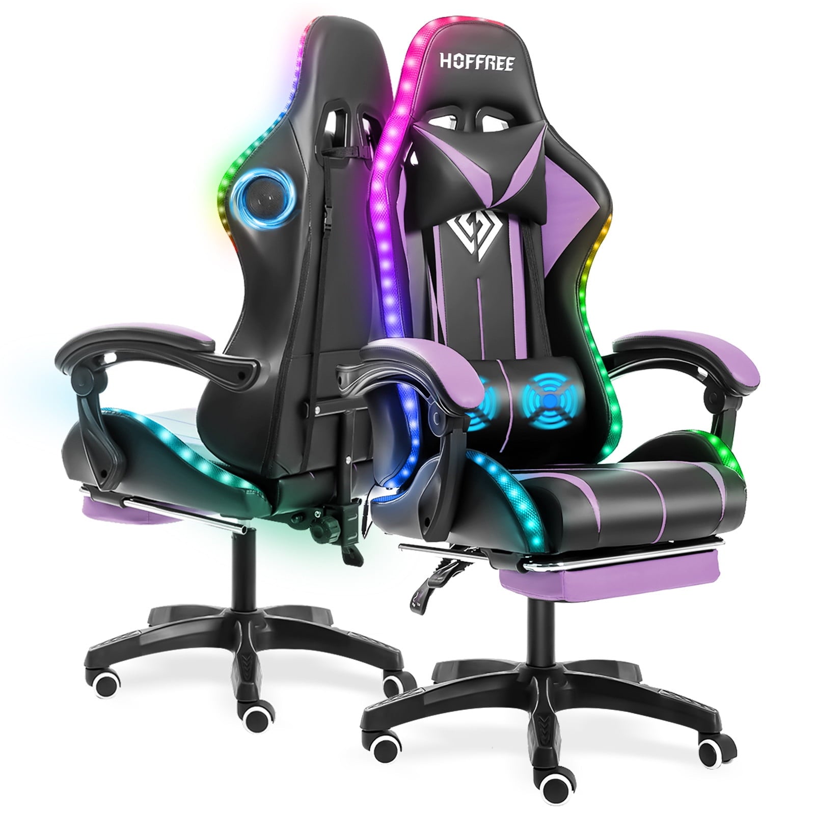 Hoffree Gaming Chair with Speakers and RGB LED Lights Ergonomic Massage Gamer Chair with Footrest High Back with Lumbar Support for Adults